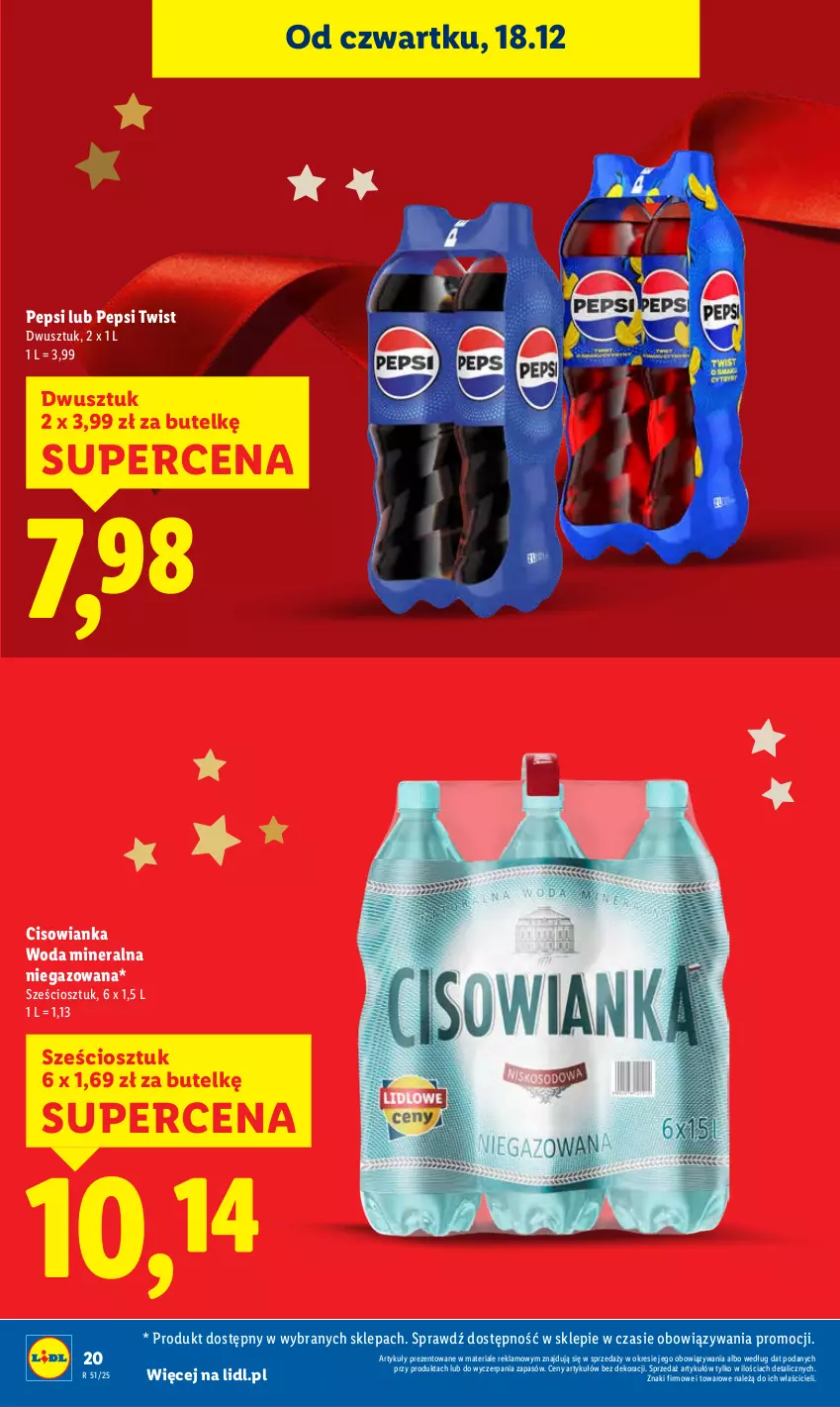 Gazetka promocyjna Lidl - GAZETKA - ważna 18.12 do 21.12.2025 - strona 20 - produkty: Cisowianka, Pepsi, Woda, Woda mineralna