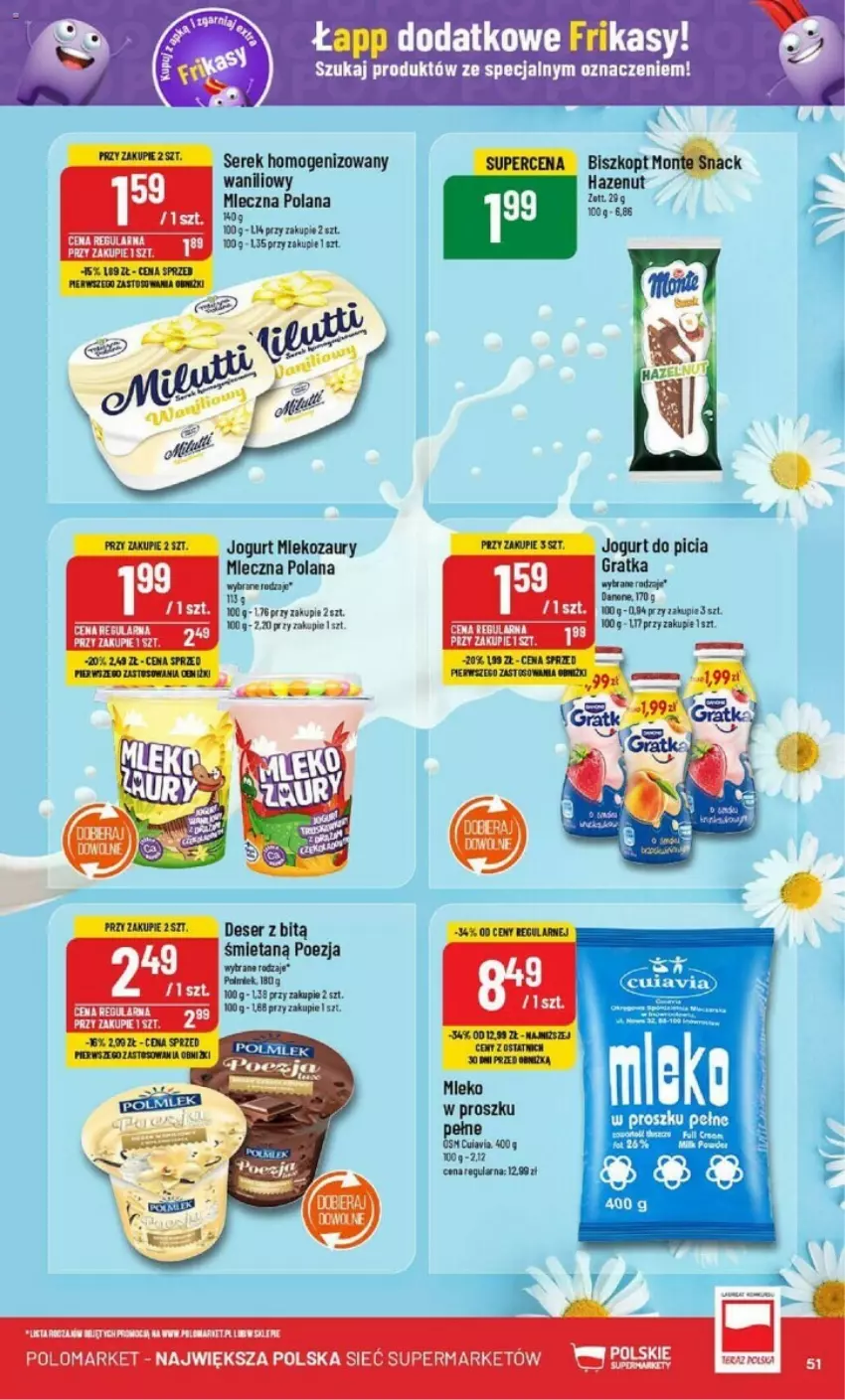 Gazetka promocyjna PoloMarket - ważna 11.09 do 17.09.2024 - strona 47 - produkty: Danone, Deser, Gra, HP, Jogurt, LANA, Mleko, Mleko w proszku, Monte, Polmiek, Ser, Serek, Serek homogenizowany