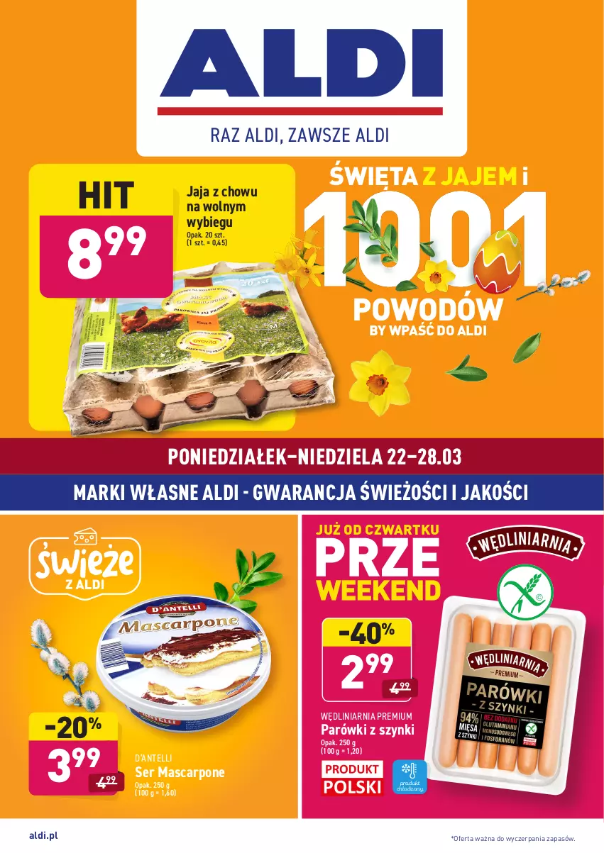 Gazetka promocyjna Aldi - ALE! CENA - ważna 22.03 do 27.03.2021 - strona 1 - produkty: Jaja, Mascarpone, Parówki, Parówki z szynki, Ser