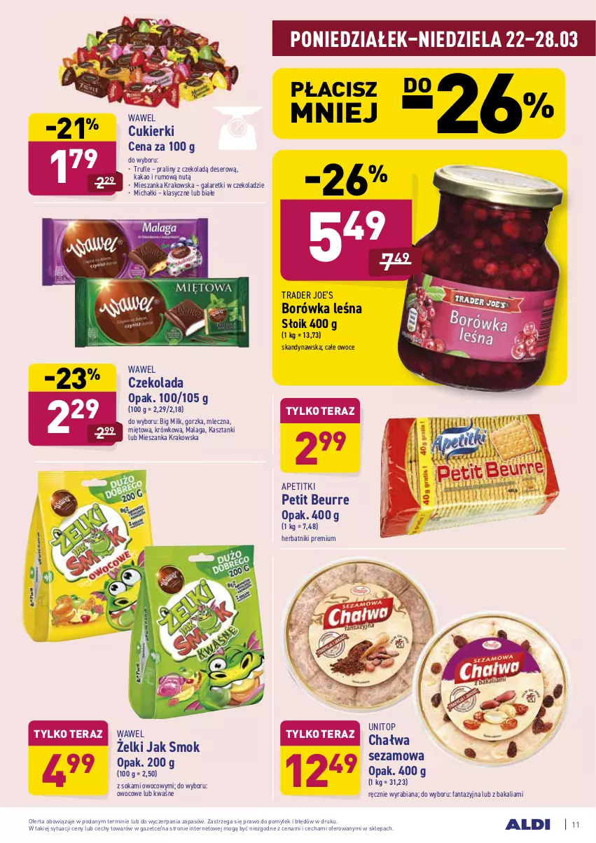 Gazetka promocyjna Aldi - ALE! CENA - ważna 22.03 do 27.03.2021 - strona 11 - produkty: Big Milk, Borówka, Chałwa, Cukier, Cukierki, Czekolada, Deser, Fa, Fanta, Gala, Galaretki, Herbatniki, Kakao, Michałki, Owoce, Praliny, Rum, Ser, Sezam, Sok, Tera, Top, Wawel