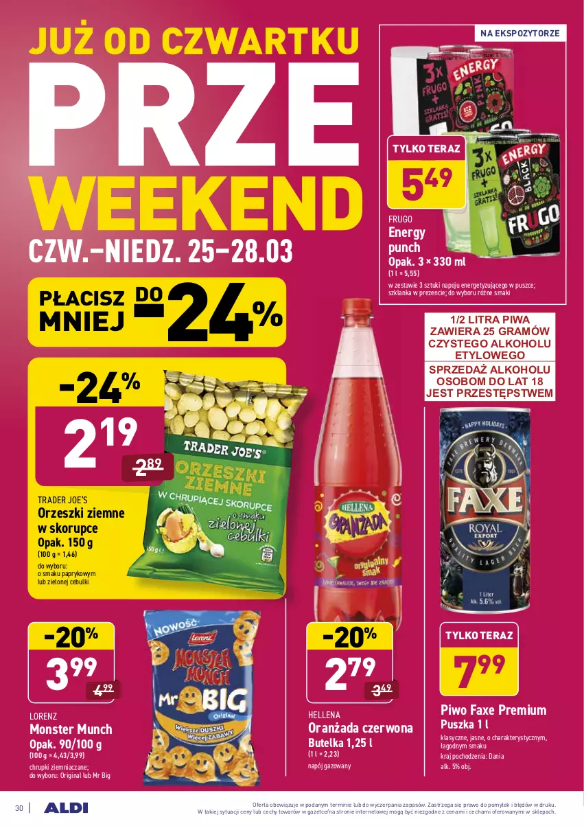 Gazetka promocyjna Aldi - ALE! CENA - ważna 22.03 do 27.03.2021 - strona 30 - produkty: Chrupki, Fa, Gin, Gra, Hellena, Lorenz, Monster Munch, Napój, Napój gazowany, Oranżada, Orzeszki, Orzeszki ziemne, Piwa, Piwo, Szklanka, Tera