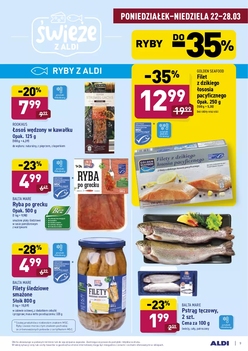 Gazetka promocyjna Aldi - ALE! CENA - ważna 22.03 do 27.03.2021 - strona 9 - produkty: Balta Mare, Golden Seafood, Kawa, Owoce, Owoce morza, Pieprz, Płaty śledziowe, Pstrąg, Pstrąg tęczowy, Ryba, Ryba po grecku, Ryby i owoce morza, Ser, Sos, Warzywa