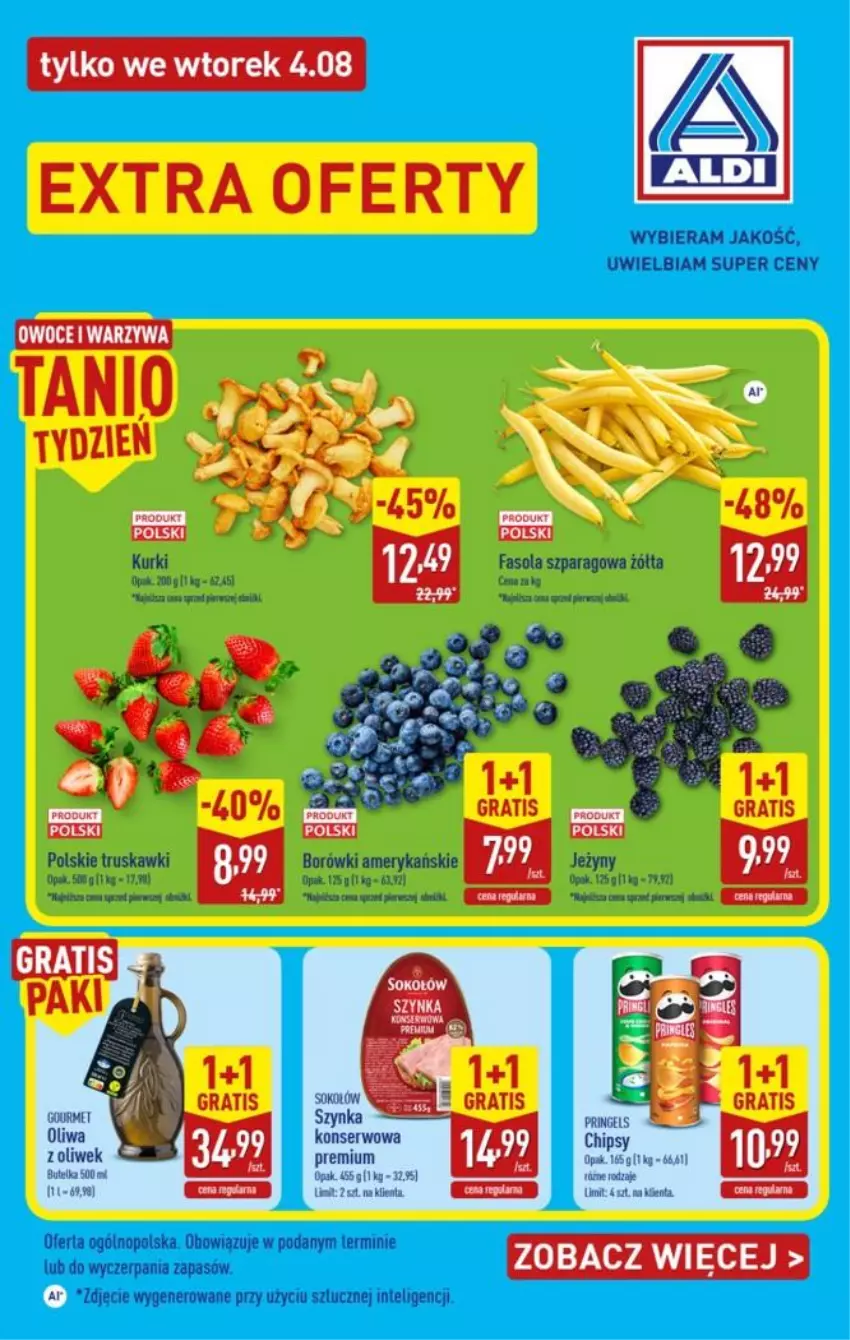 Gazetka promocyjna Aldi - Extra oferta - ważna 04.08 do 04.08.2026 - strona 1 - produkty: Chipsy, Fa, Fasola, Fasola szparagowa, Gra, Intel, Jeżyny, Oliwa, Owoce, Ser, Szynka, Truskawki, Warzywa