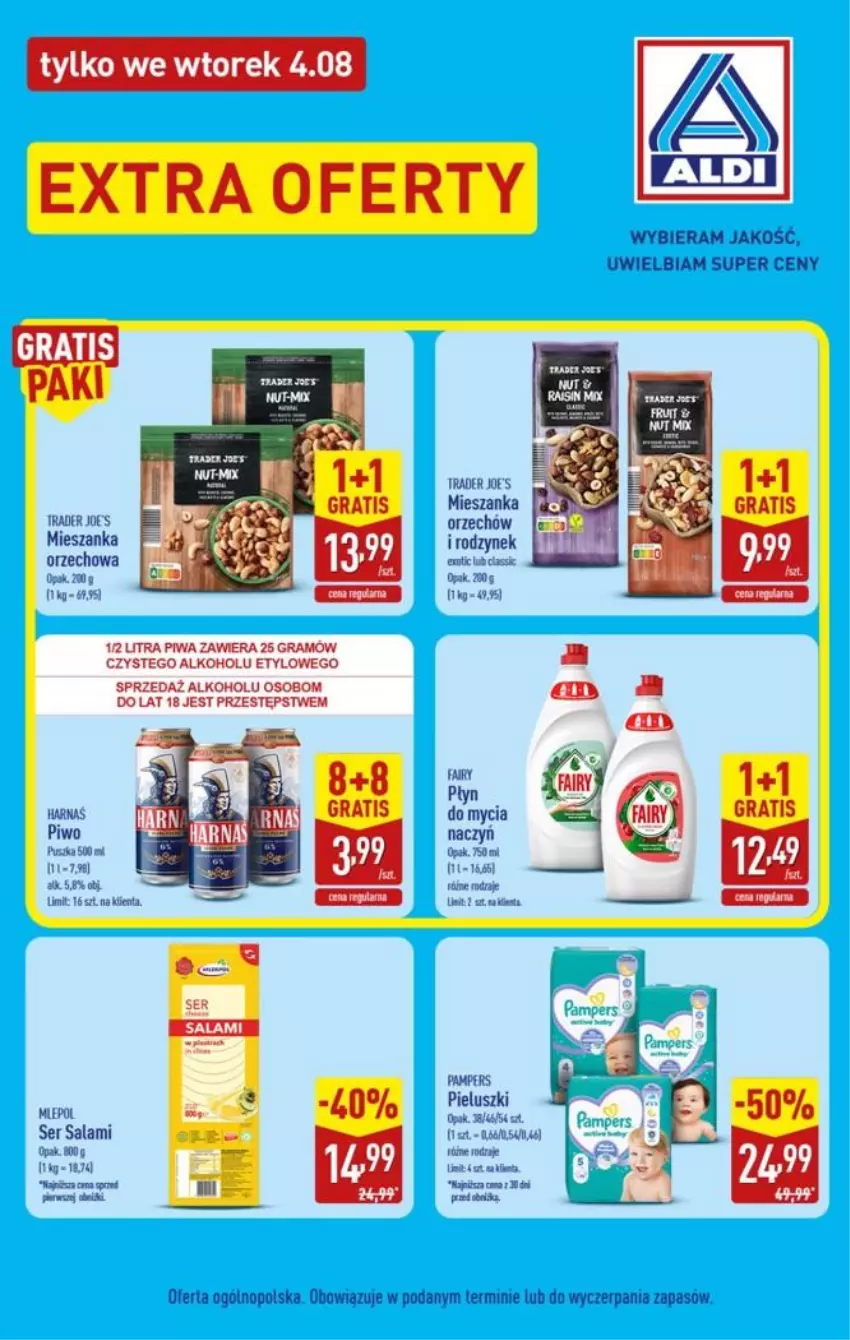 Gazetka promocyjna Aldi - Extra oferta - ważna 04.08 do 04.08.2026 - strona 2 - produkty: Do mycia naczyń, Fa, Fairy, Gra, Harnaś, HP, Mieszanka orzechowa, Piwa, Piwo, Płyn do mycia, Płyn do mycia naczyń, Salami, Ser, Ser salami