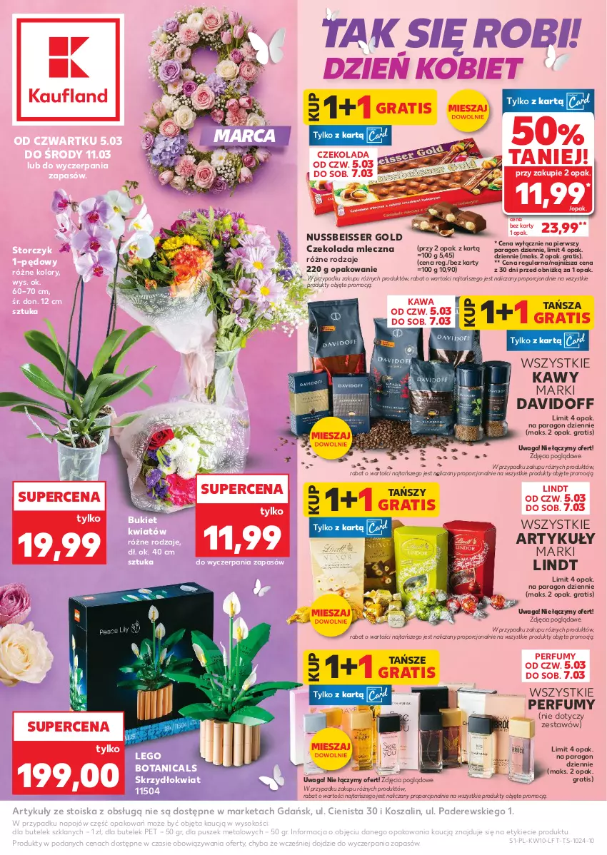 Gazetka promocyjna Kaufland - Gazetka tygodnia - ważna 05.03 do 11.03.2026 - strona 1 - produkty: Bukiet, Czekolada, Czekolada mleczna, Davidoff, Gra, Kawa, Kosz, LEGO, Lindt, Perfum, Por, Ser, Sok, Storczyk, Szal, Waga