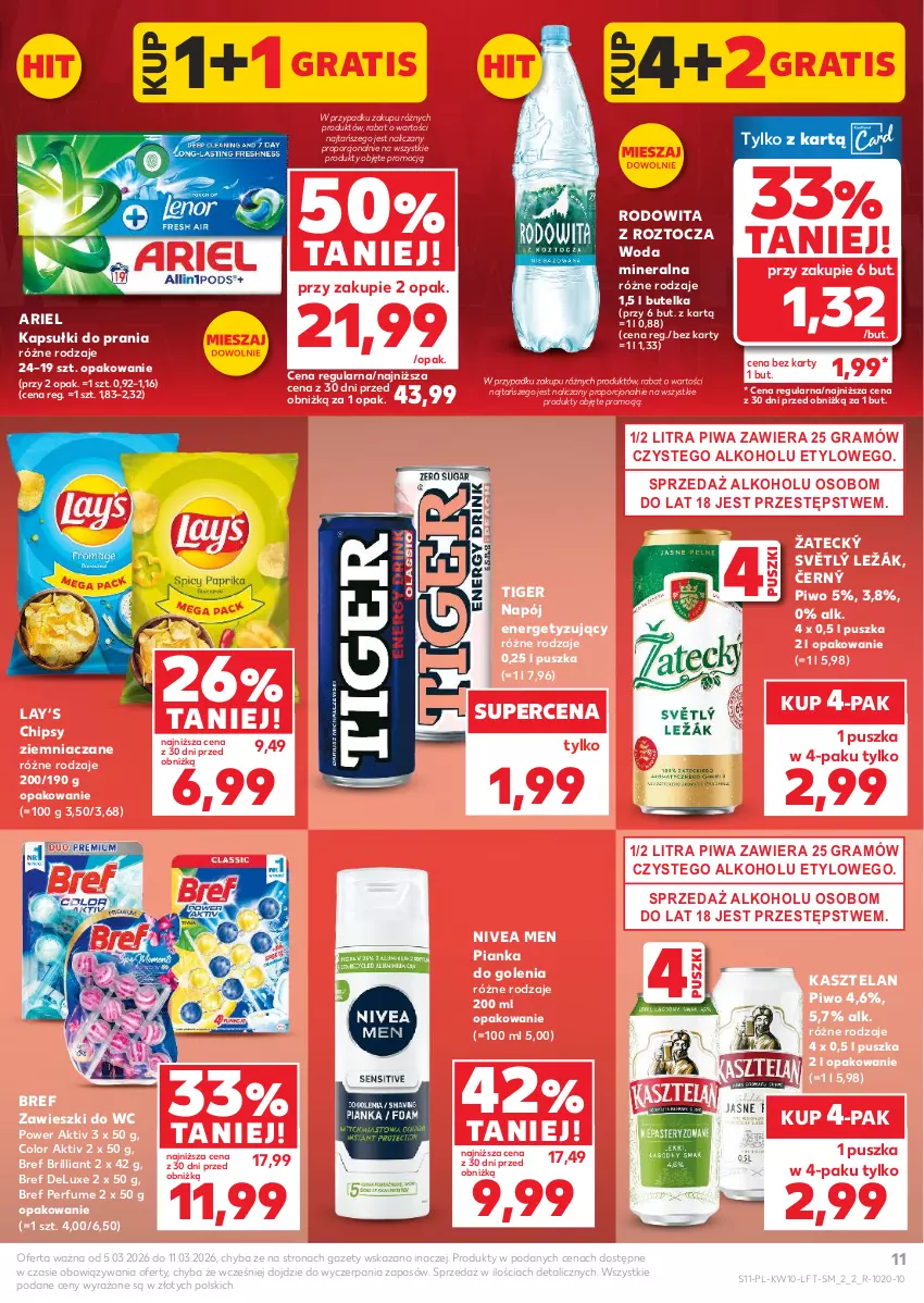 Gazetka promocyjna Kaufland - Gazetka tygodnia - ważna 05.03 do 11.03.2026 - strona 11 - produkty: Ariel, Bref, Chipsy, Gra, Kapsułki do prania, Kasztelan, Lay’s, Napój, Nivea, Nivea Men, Perfum, Pianka do golenia, Piwa, Piwo, Por, Tiger, Woda, Woda mineralna, Zawieszki