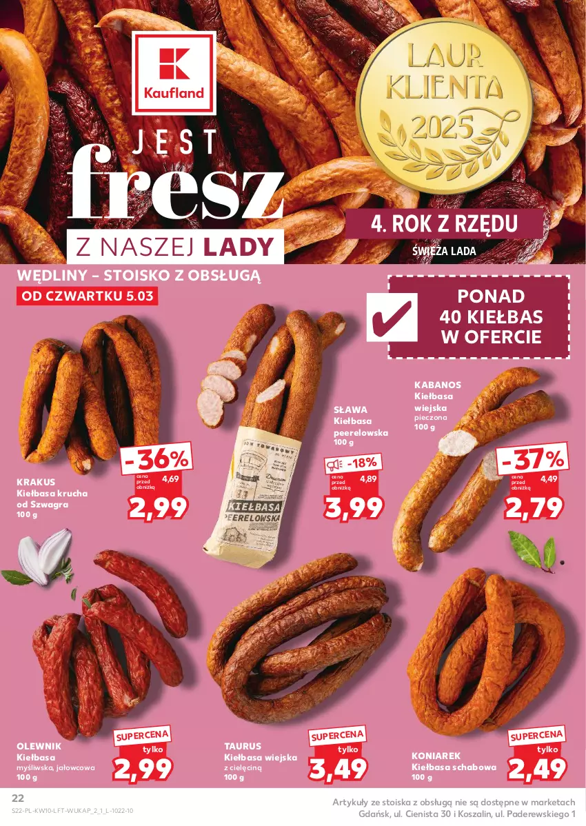 Gazetka promocyjna Kaufland - Gazetka tygodnia - ważna 05.03 do 11.03.2026 - strona 22 - produkty: Gra, Kabanos, Kiełbasa, Kiełbasa krucha, Kiełbasa schabowa, Kiełbasa wiejska, Kosz, Krakus, Olewnik, Piec, Szal
