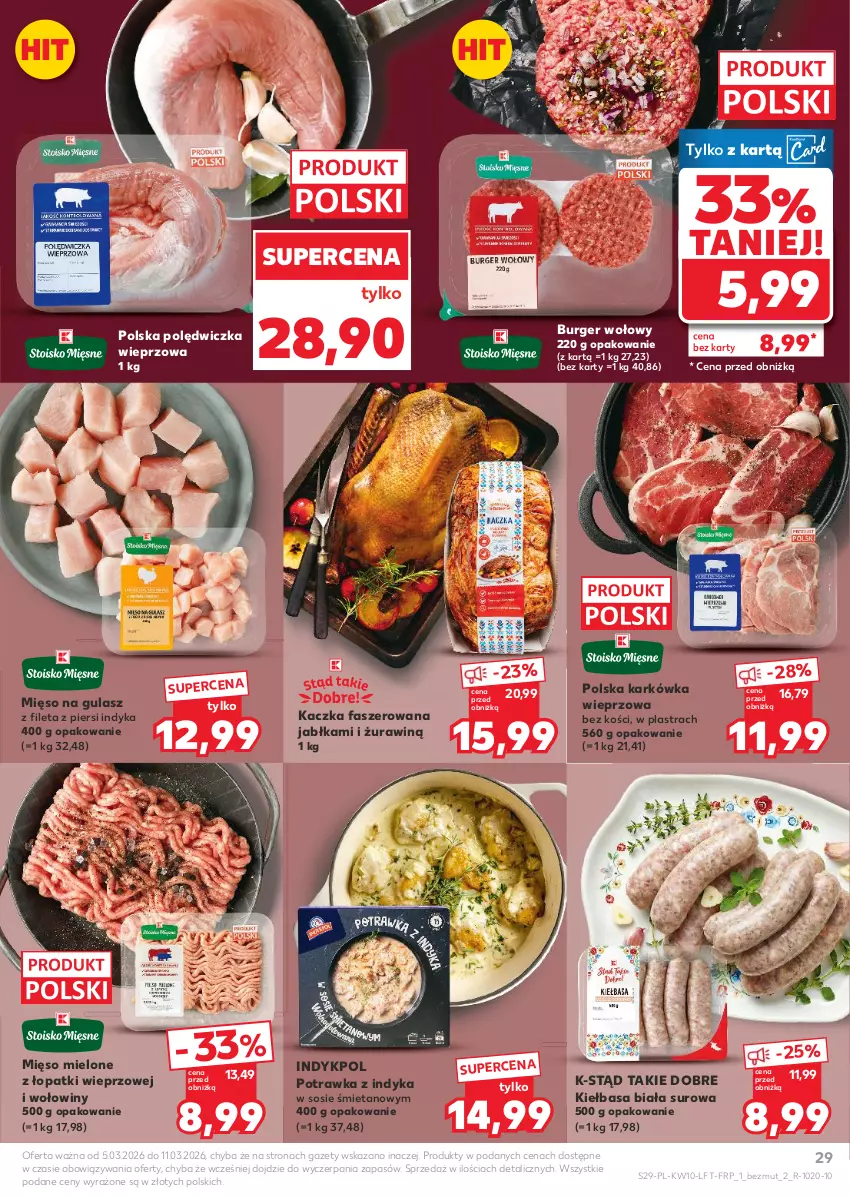Gazetka promocyjna Kaufland - Gazetka tygodnia - ważna 05.03 do 11.03.2026 - strona 29 - produkty: Burger, Fa, Jabłka, Kaczka, Kaczka faszerowana, Karkówka wieprzowa, Kiełbasa, Kiełbasa biała, Mięso, Mięso mielone, Mięso mielone z łopatki wieprzowej, Mięso na gulasz, Polędwiczka wieprzowa, Sos
