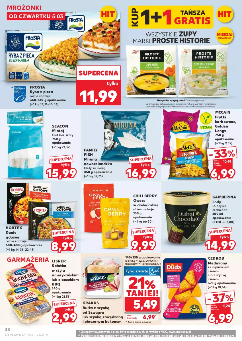Gazetka promocyjna Kaufland - Gazetka tygodnia - ważna 05.03 do 11.03.2026 - strona 38 - produkty: Beko, Bułka, Czekolada, Danie gotowe, Fa, Frosta, Frytki, Gra, Hortex, Krakus, Lion, Lisner, Lody, McCain, Mintaj, Miruna, Owoce, Piec, Por, Ryba, Sałat, Sałatka, Ser, Szpinak, Waga