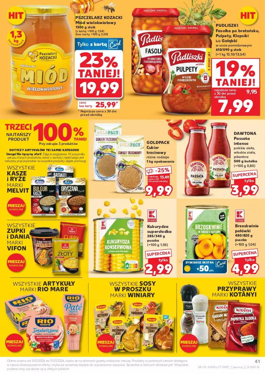 Gazetka promocyjna Kaufland - Gazetka tygodnia - ważna 05.03 do 11.03.2026 - strona 41 - produkty: Brzoskwinie, Cukier, Cukier trzcinowy, Dawtona, Fa, Klopsiki, Kotányi, Kukurydza, Melvit, Miód, Por, Przyprawy, Pudliszki, Pulpety, Rio Mare, Ryż, Sos, Waga, Winiary