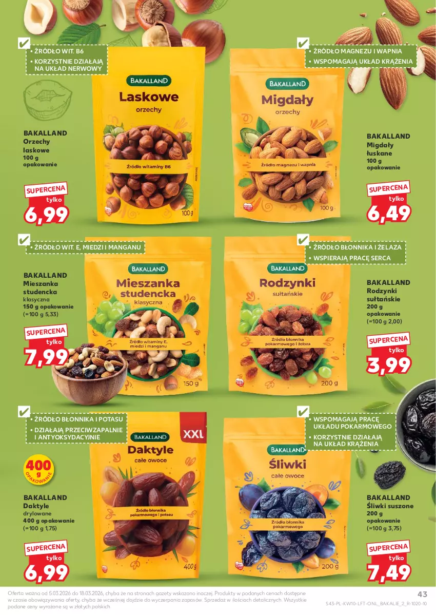 Gazetka promocyjna Kaufland - Gazetka tygodnia - ważna 05.03 do 11.03.2026 - strona 43 - produkty: Bakalland, Daktyle, Magnez, Mieszanka studencka, Migdały, Migdały łuskane, Rodzynki, Ser