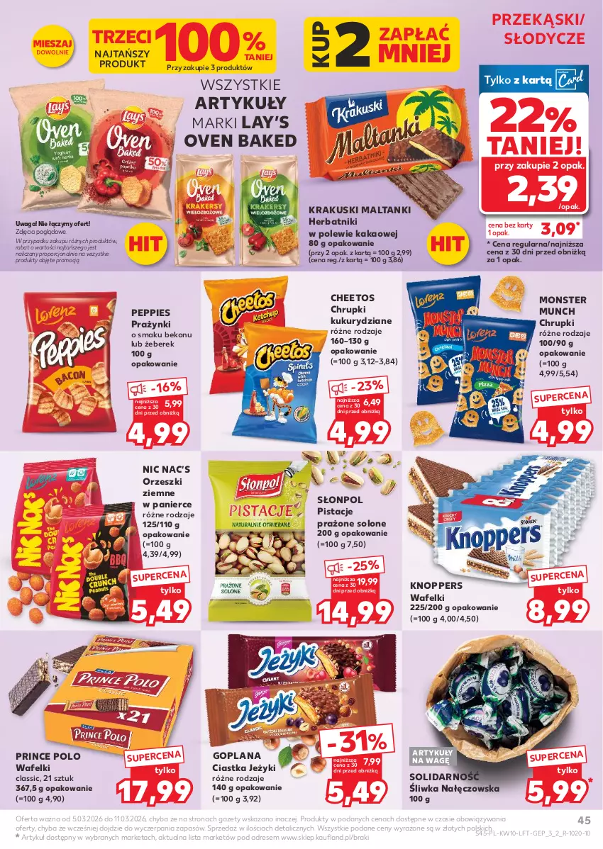 Gazetka promocyjna Kaufland - Gazetka tygodnia - ważna 05.03 do 11.03.2026 - strona 45 - produkty: Beko, Cheetos, Chrupki, Ciastka, Dres, Goplana, Herbatniki, Jeżyki, Kakao, Knoppers, Krakus, Krakuski, LANA, Lay’s, Monster Munch, Orzeszki, Orzeszki ziemne, Pistacje, Por, Prince Polo, Słonpol, Waga