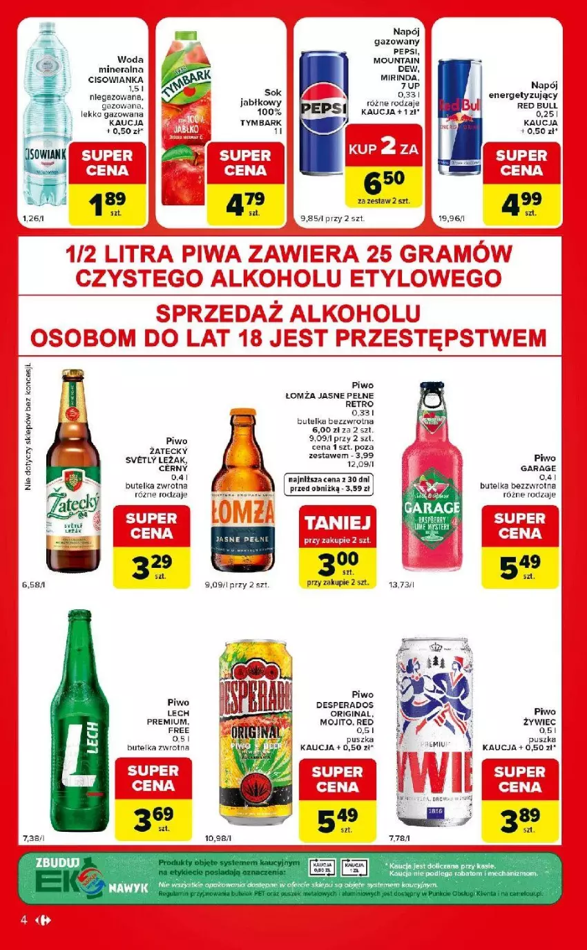 Gazetka promocyjna Carrefour - Gazetka Carrefour Market w SUMIE ekspresowe zakupy - ważna 09.06 do 15.06.2026 - strona 4 - produkty: Cisowianka, Desperados, Fa, Gin, Lech Premium, Mirinda, Mus, Napój, Napój gazowany, Pepsi, Piwa, Piwo, Sok, Sok jabłkowy, Tymbark, Woda, Woda mineralna