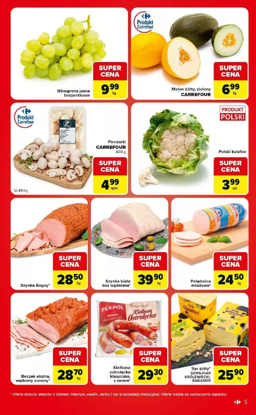 Gazetka promocyjna Carrefour - Gazetka Carrefour Market w SUMIE ekspresowe zakupy - ważna 09.06 do 15.06.2026 - strona 5 - produkty: Boczek, Kalafior, Kiełbasa, Melon, Piec, Polędwica, Radamer, Ser, Szynka, Szynka biała