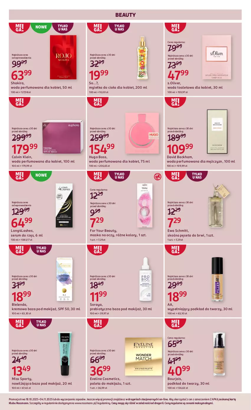 Gazetka promocyjna Rossmann - 18 października - ważna 18.10 do 04.11.2025 - strona 3 - produkty: Bielenda, Bourjois, Calvin Klein, David Beckham, Eveline, Ewa Schmitt, For Your Beauty, Hugo Boss, Makijaż, Maska, Miss Sporty, Paleta, Perfum, Pęseta, Podkład, Podkład do twarzy, Por, Rum, S.Oliver, Ser, Serum, Sport, Woda, Woda perfumowana, Woda toaletowa