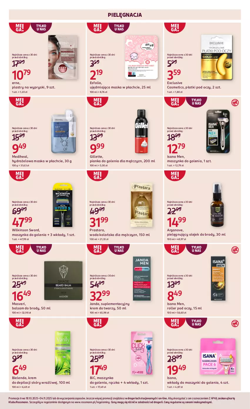 Gazetka promocyjna Rossmann - 18 października - ważna 18.10 do 04.11.2025 - strona 8 - produkty: BIC, Bielenda, Gillette, Isana, Krem do depilacji, Krem do twarzy, Maska, Maska w płachcie, Maszynka, Maszynka do golenia, Olej, Pianka do golenia, Roller, Szynka, Wilkinson Sword, Woda, Woda kolońska