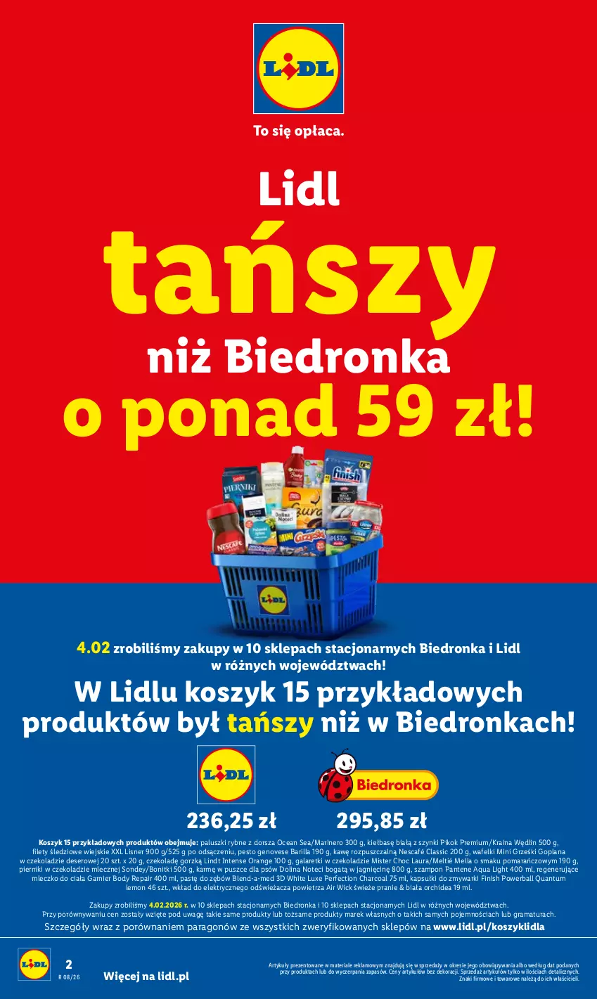 Gazetka promocyjna Lidl - GAZETKA - ważna 23.02 do 28.02.2026 - strona 2 - produkty: Air Wick, Barilla, Blend-a-Med, Body, Bonitki, Deser, Dorsz, Finish, Gala, Galaretki, Garnier, Goplana, Gra, Grześki, Kosz, LANA, Laur, Lindt, Lisner, Mini Grześki, Mleczko, Mleczko do ciała, Nescafé, Paluszki rybne, Pantene, Pesto, Piernik, Pierniki w czekoladzie, PIKOK, Por, Rama, Ser, Szampon, Zmywarki