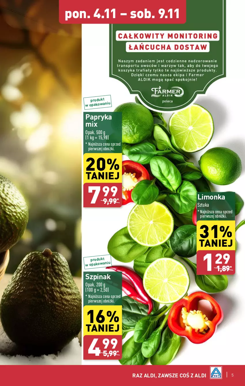 Gazetka promocyjna Aldi - Farmer ALDIK poleca świeże owoce i warzywa - ważna 04.11 do 09.11.2024 - strona 5 - produkty: Limonka, Papryka, Szpinak