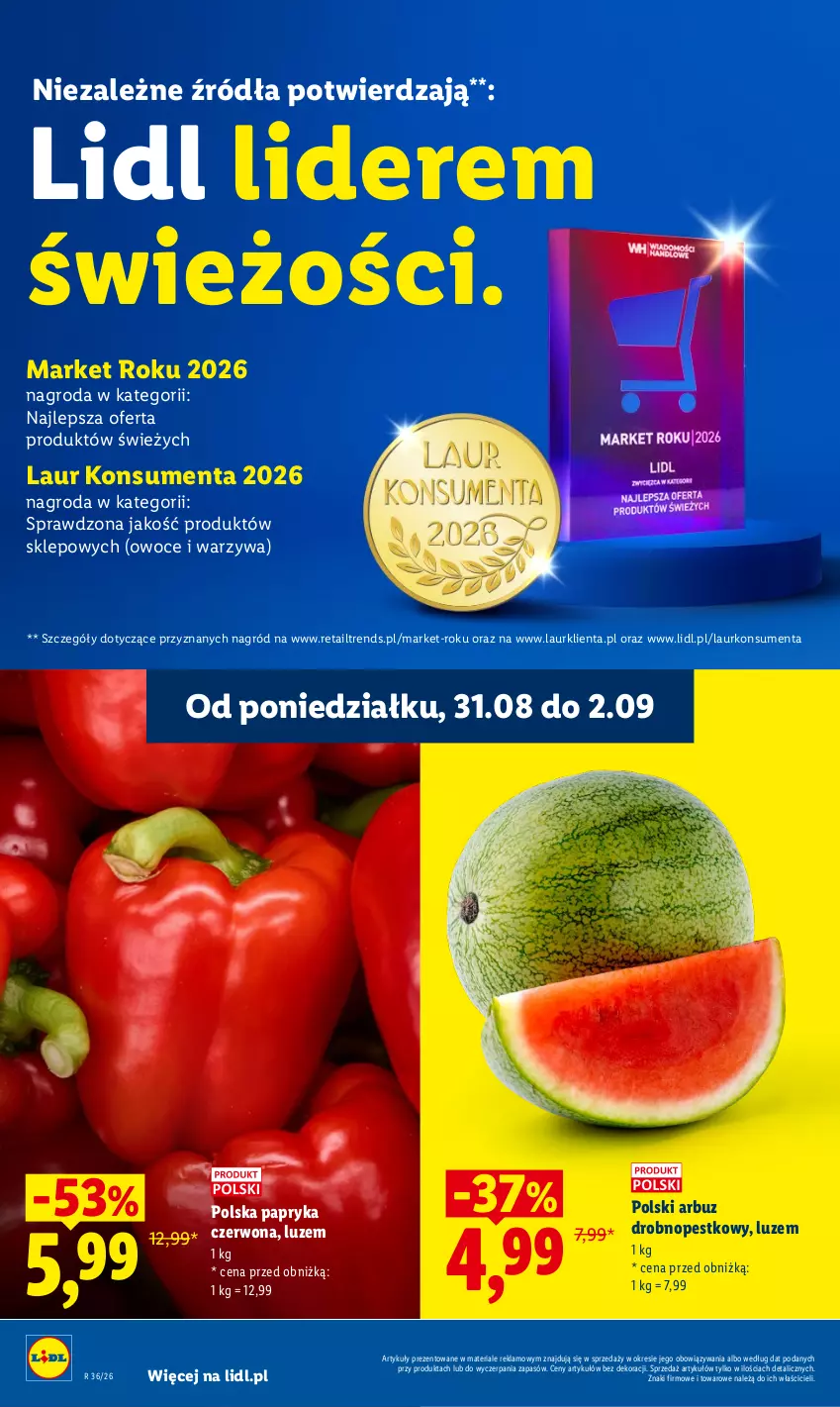 Gazetka promocyjna Lidl - Gazetka ważna od 31.08 do 2.09 - ważna 31.08 do 02.09.2026 - strona 34 - produkty: Arbuz, Laur, Owoce, Papryka, Warzywa
