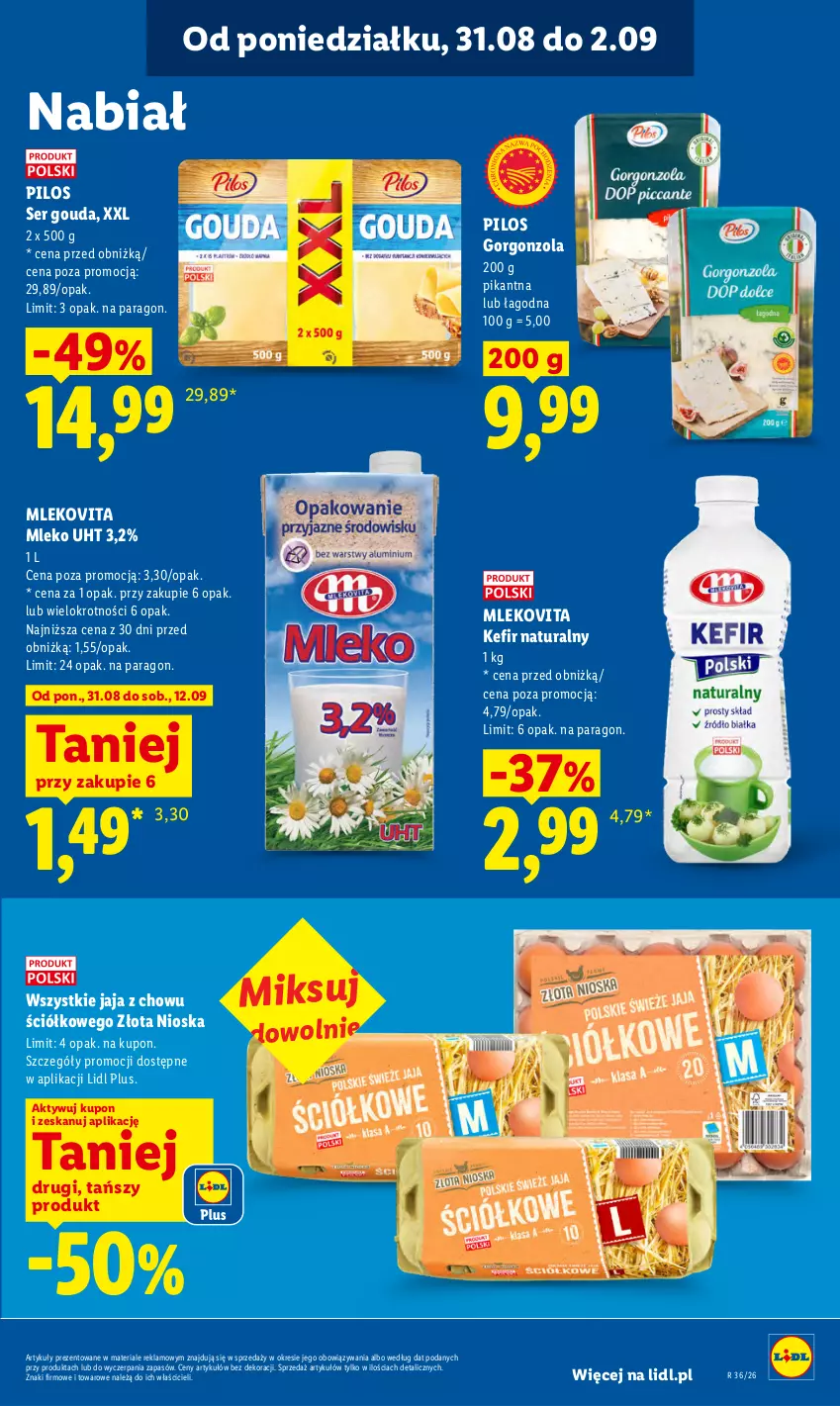Gazetka promocyjna Lidl - Gazetka ważna od 31.08 do 2.09 - ważna 31.08 do 02.09.2026 - strona 53 - produkty: Gorgonzola, Gouda, Jaja, Kefir, Kefir naturalny, Laur, Mleko, Mlekovita, Pilos, Ser