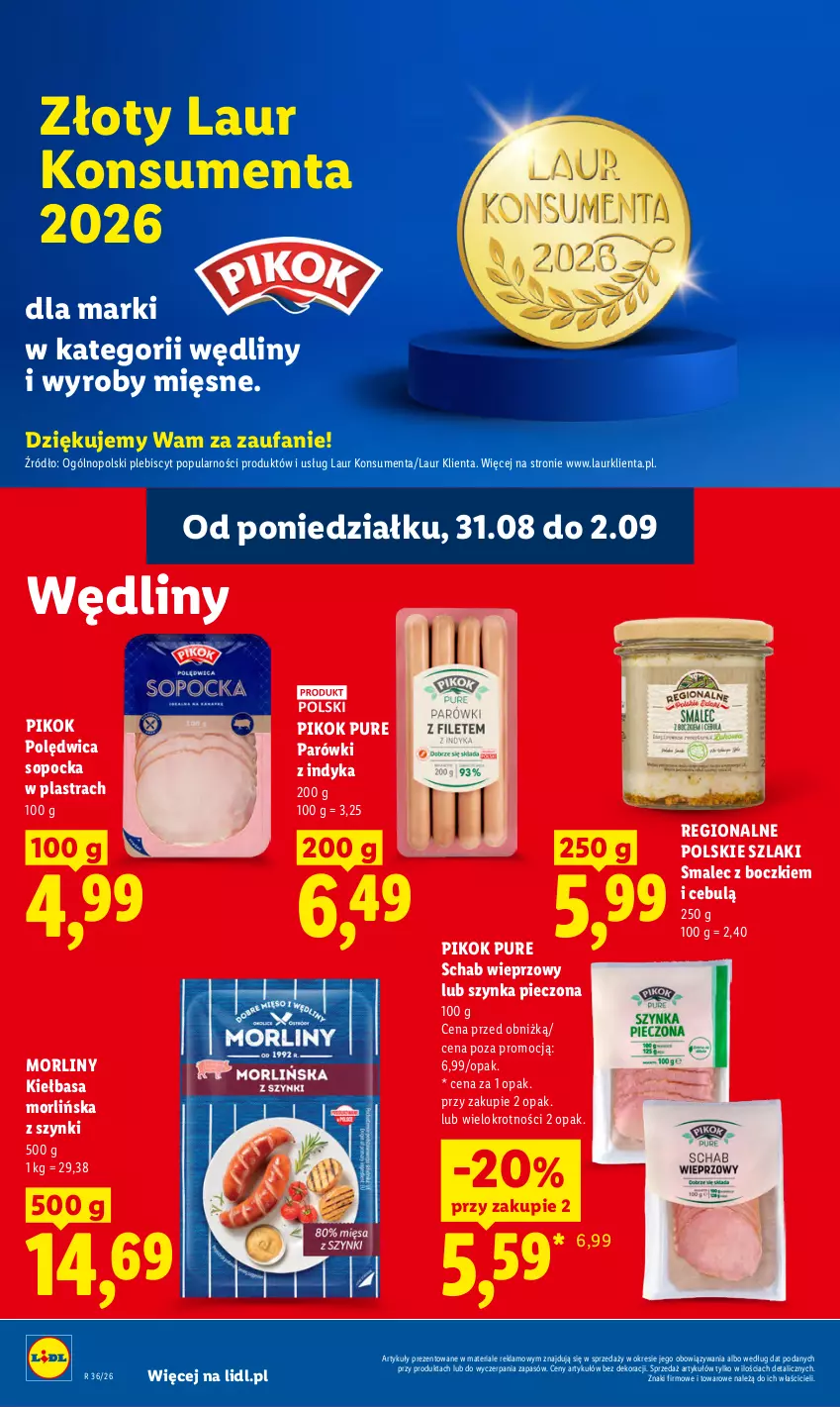 Gazetka promocyjna Lidl - Gazetka ważna od 31.08 do 2.09 - ważna 31.08 do 02.09.2026 - strona 54 - produkty: Fa, Kiełbasa, Laur, Morliny, Parówki, Parówki z indyka, Piec, PIKOK, Polędwica, Pur, Schab wieprzowy, Smalec, Szynka