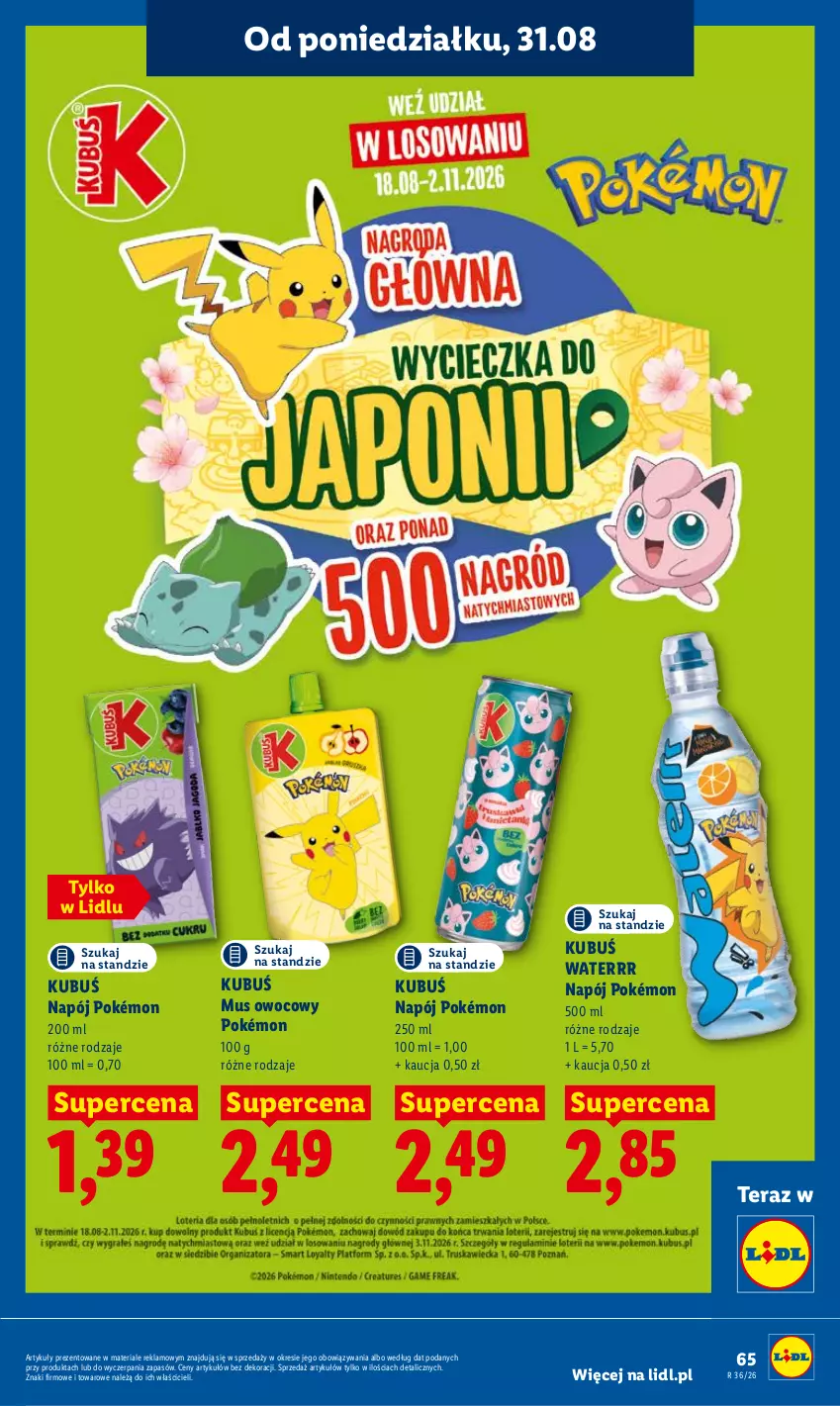Gazetka promocyjna Lidl - Gazetka ważna od 31.08 do 2.09 - ważna 31.08 do 02.09.2026 - strona 65 - produkty: Kubuś, Kubuś Waterrr, Mus, Napój, Pokémon, Tera