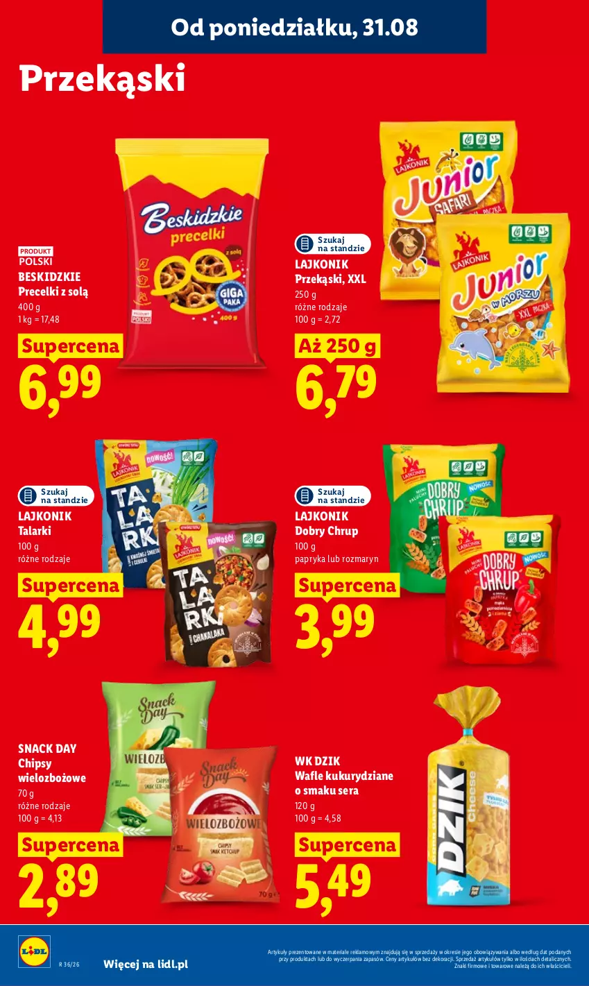 Gazetka promocyjna Lidl - Gazetka ważna od 31.08 do 2.09 - ważna 31.08 do 02.09.2026 - strona 72 - produkty: Beskidzki, Chipsy, Lajkonik, Papryka, Precelki, Ser, Wafle