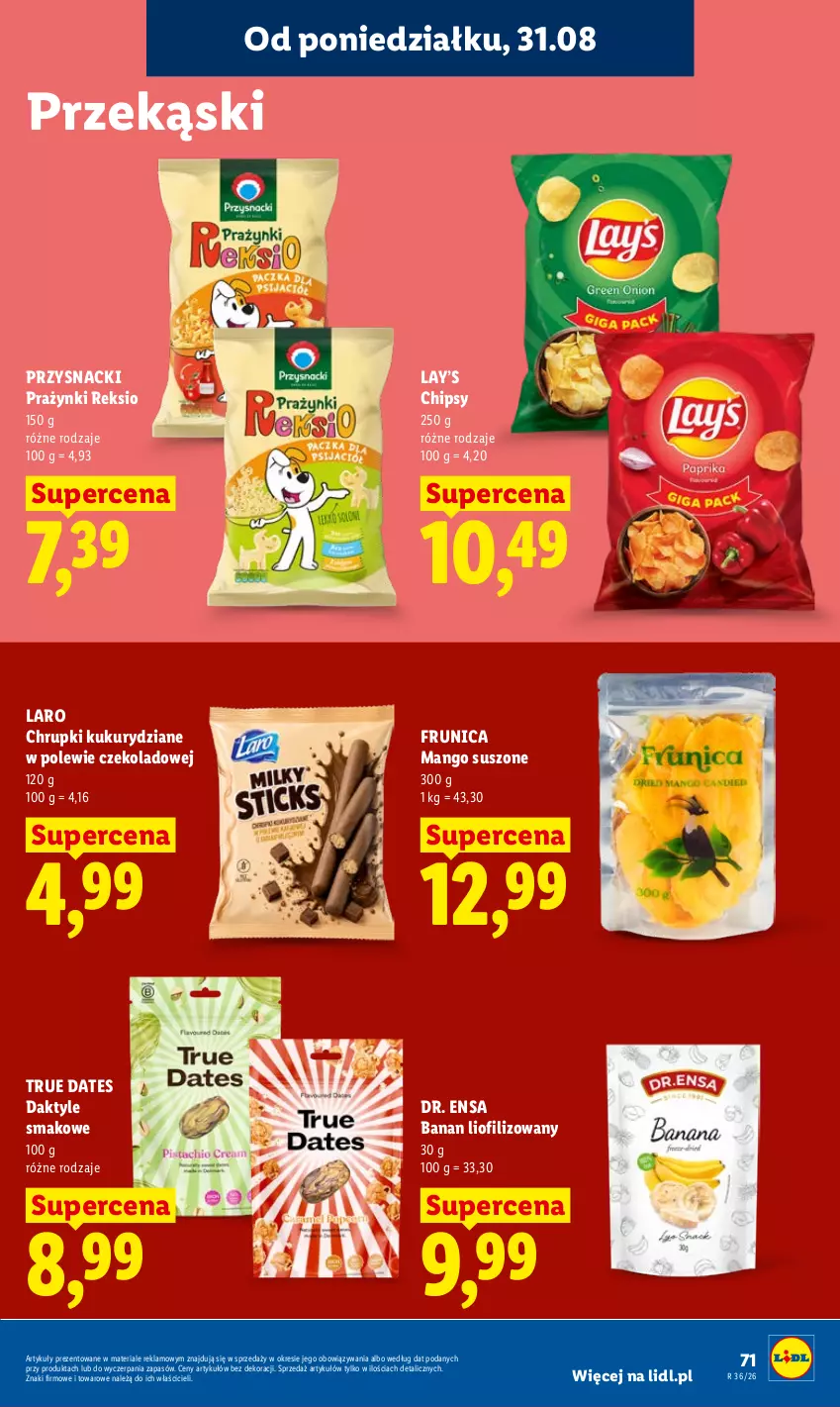 Gazetka promocyjna Lidl - Gazetka ważna od 31.08 do 2.09 - ważna 31.08 do 02.09.2026 - strona 73 - produkty: Chipsy, Chrupki, Daktyle, Lay’s, Mango, Mango suszone, Przysnacki