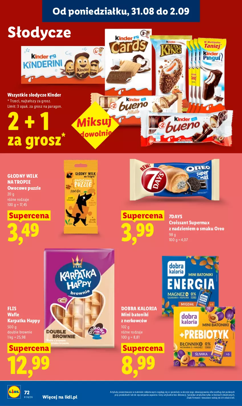 Gazetka promocyjna Lidl - Gazetka ważna od 31.08 do 2.09 - ważna 31.08 do 02.09.2026 - strona 74 - produkty: Baton, Brownie, Croissant, Karp, Kinder, Oreo, Puzzle, Tonik, Wafle