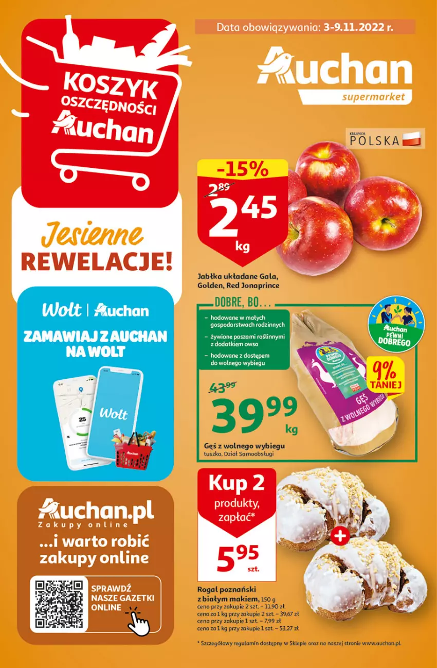 Gazetka promocyjna Auchan - Gazetka Koszyk Oszczędności Auchan Supermarkety - ważna 03.11 do 09.11.2022 - strona 1 - produkty: Gala, Jabłka, Rogal, Tusz