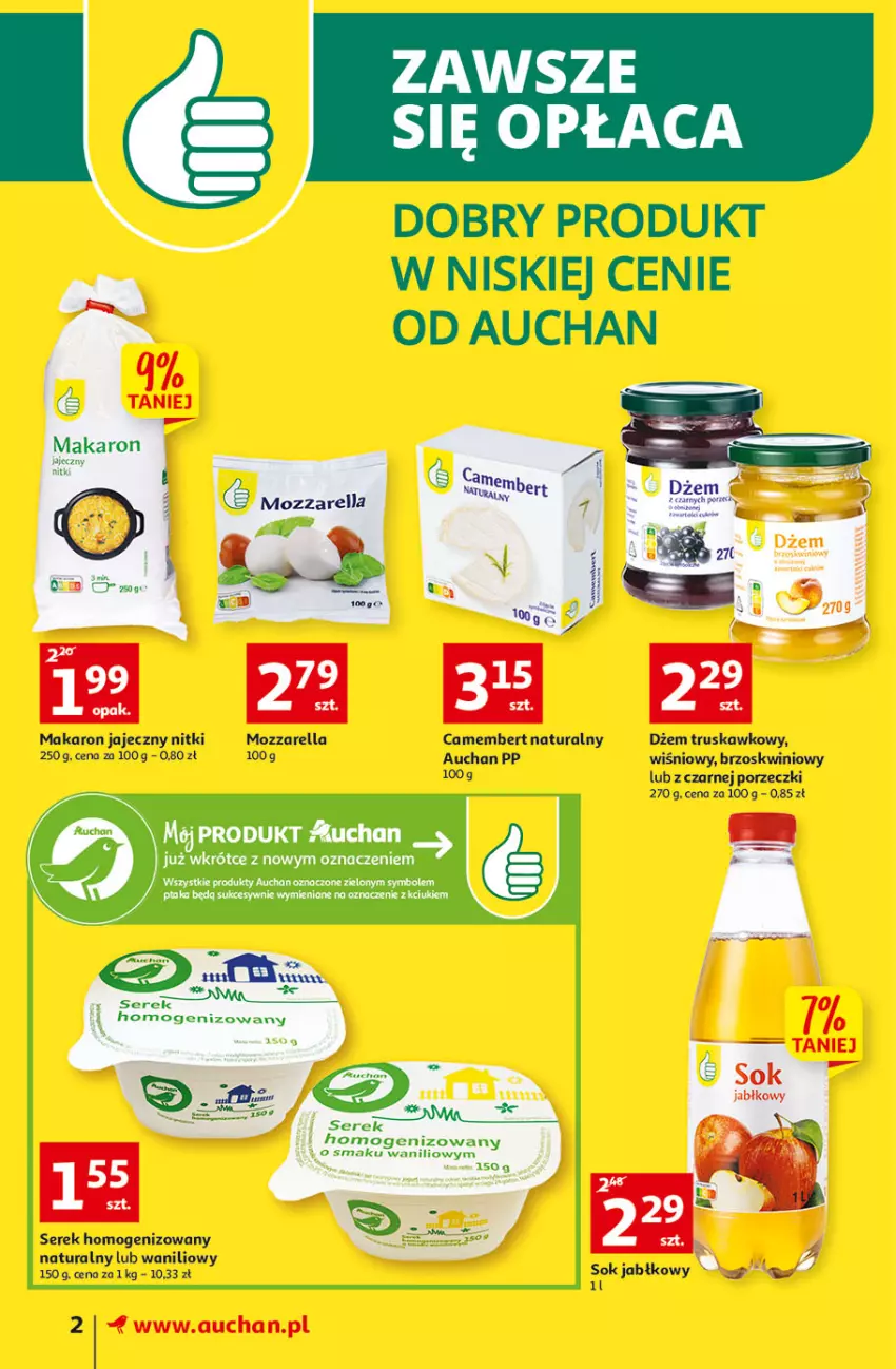 Gazetka promocyjna Auchan - Gazetka Koszyk Oszczędności Auchan Supermarkety - ważna 03.11 do 09.11.2022 - strona 2 - produkty: Camembert, Dżem, Makaron, Mozzarella, Por, Ser, Serek, Serek homogenizowany, Sok, Sok jabłkowy