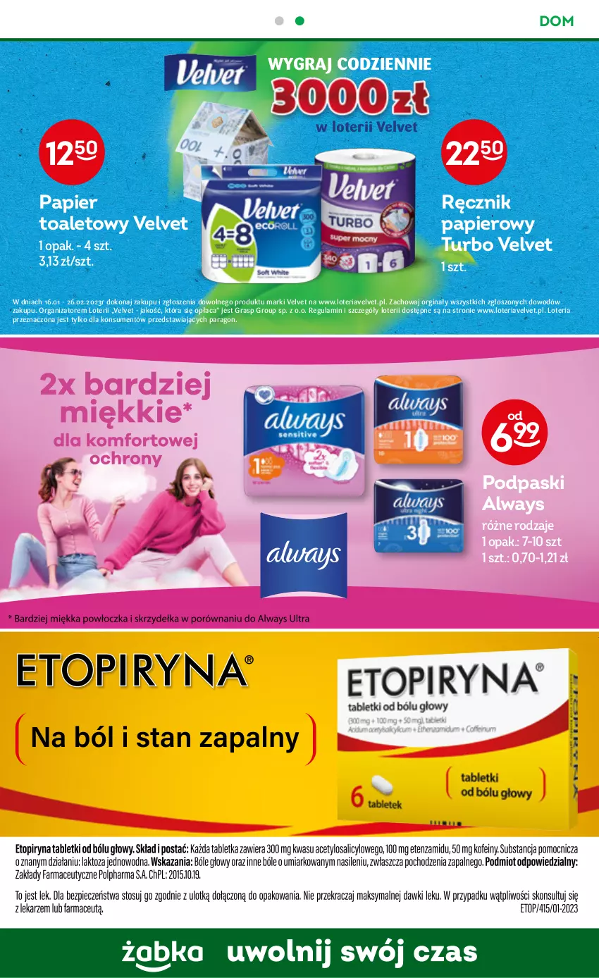 Gazetka promocyjna Żabka - ważna 15.02 do 21.02.2023 - strona 43 - produkty: Always, Gin, Gra, Papier, Papier toaletowy, Podpaski, Ręcznik, Velvet