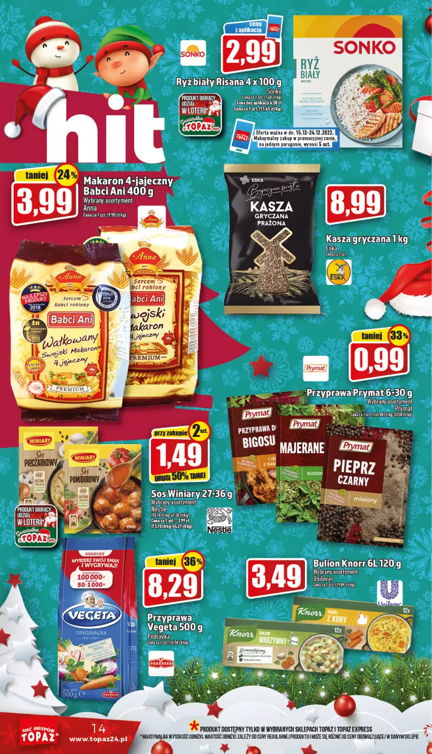 Gazetka promocyjna Topaz - Gazetka - ważna 15.12 do 24.12.2022 - strona 14 - produkty: Gry, Makaron, Ser, Sok, Top, Vegeta