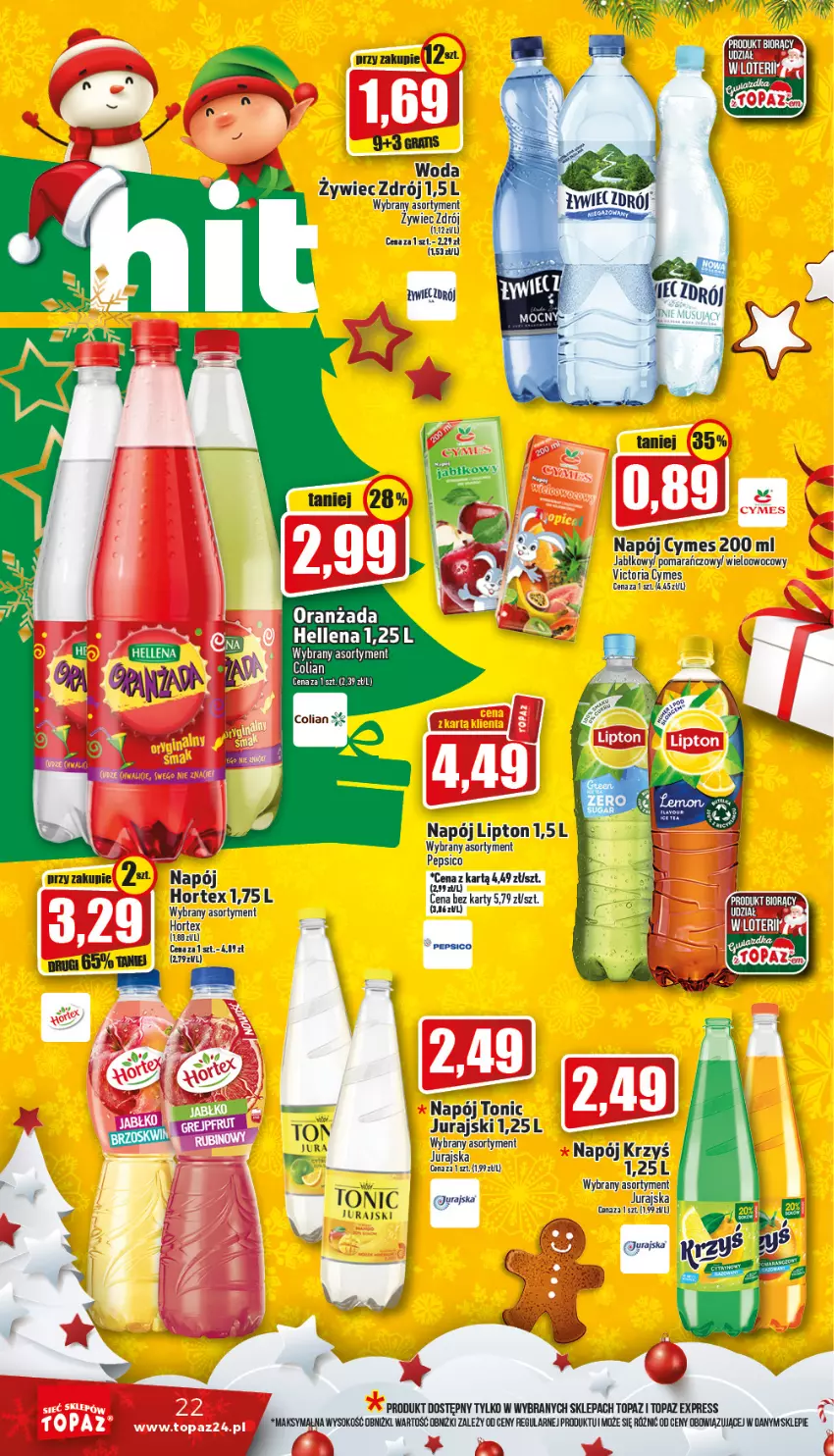 Gazetka promocyjna Topaz - Gazetka - ważna 15.12 do 24.12.2022 - strona 22 - produkty: Hellena, Hortex, Lipton, Napój, Oranżada, Pepsi, Sok, Top