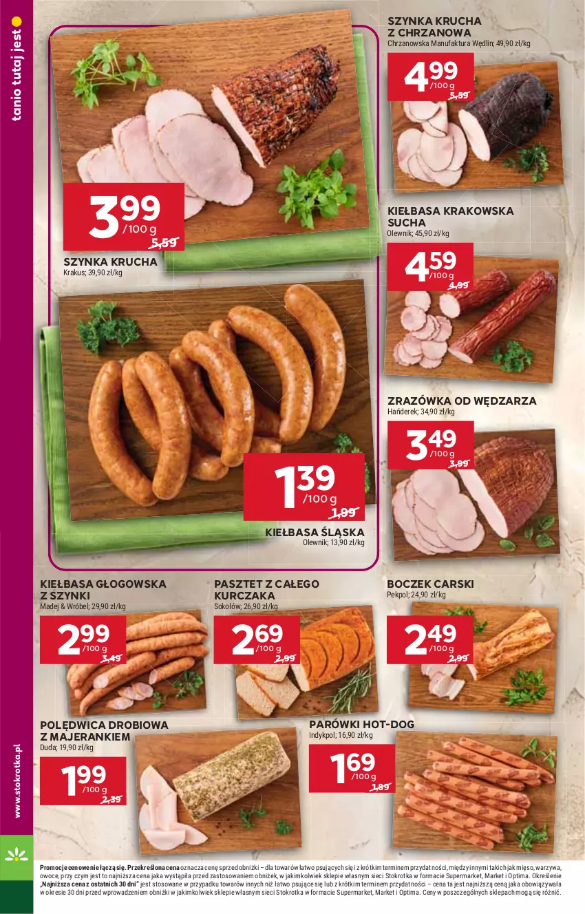 Gazetka promocyjna Stokrotka - Market - ważna 23.07 do 29.07.2026 - strona 14 - produkty: Boczek, Cars, Chrzan, Duda, Fa, Kiełbasa, Kiełbasa głogowska, Kiełbasa krakowska, Kiełbasa śląska, Krakus, Kurczak, Mięso, Olewnik, Optima, Owoce, Parówki, Pasztet, Pekpol, Polędwica, Sok, Sokołów, Szynka, Warzywa