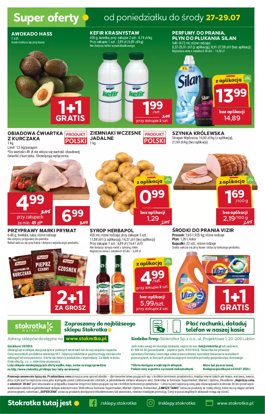 Gazetka promocyjna Stokrotka - Market - ważna 23.07 do 29.07.2026 - strona 40 - produkty: Dres, Gra, Herbapol, Imbir, JBL, Kefir, Kurczak, Mięso, Miód, O nas, Optima, Owoce, Perfum, Piernik, Płyn do płukania, Prymat, Przyprawy, Ser, Silan, Sok, Syrop, Szynka, Szynka Królewska, Telefon, Torebka, Vizir, Wagi, Warzywa, Ziemniaki