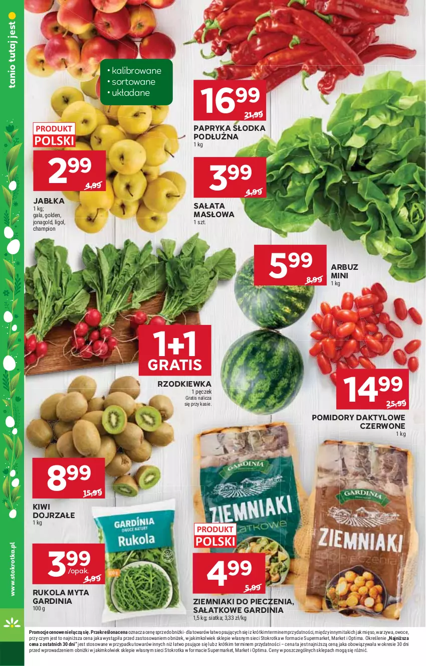 Gazetka promocyjna Stokrotka - Market - ważna 19.03 do 25.03.2026 - strona 14 - produkty: Arbuz, Gala, Gra, Jabłka, Jonagold, Kiwi, Ligol, Masło, Mięso, Optima, Owoce, Papryka, Papryka słodka, Piec, Pomidory, Rukola, Rzodkiewka, Sałat, Sałata masłowa, Siatka, Warzywa, Ziemniaki
