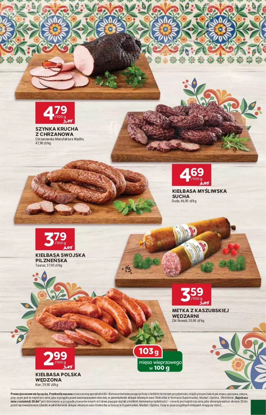 Gazetka promocyjna Stokrotka - Market - ważna 19.03 do 25.03.2026 - strona 19 - produkty: Chrzan, Duda, Fa, Kiełbasa, Mięso, NOWAK, Optima, Owoce, Szynka, Warzywa