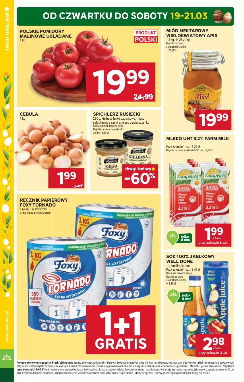 Gazetka promocyjna Stokrotka - Market - ważna 19.03 do 25.03.2026 - strona 2 - produkty: Cebula, Fa, Farm Milk, Foxy, Gra, Kiełbasa, Mięso, Miód, Mleko, Nektar, Optima, Owoce, Papier, Pomidory, Ręcznik, Sok, Spichlerz Rusiecki, Warzywa