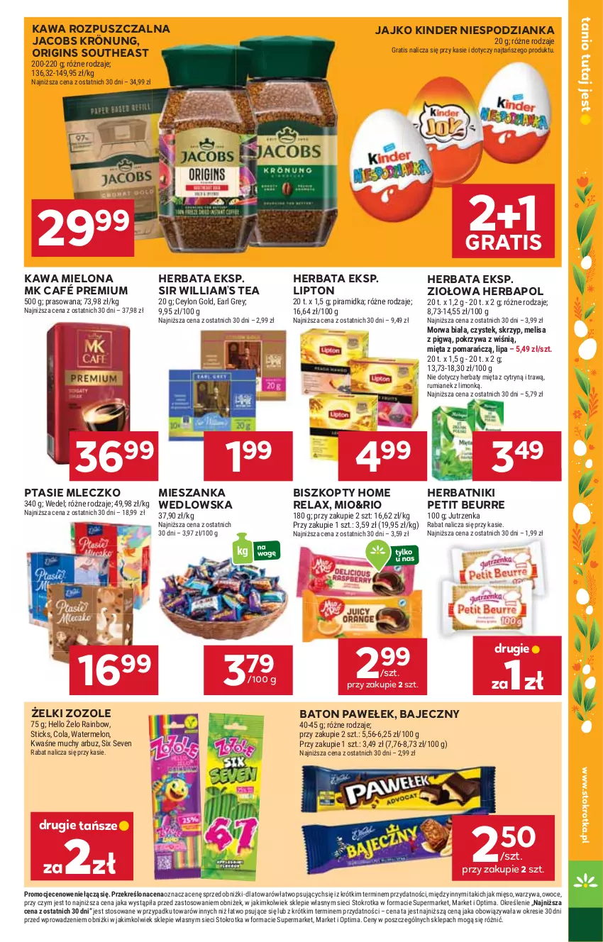 Gazetka promocyjna Stokrotka - Market - ważna 19.03 do 25.03.2026 - strona 23 - produkty: Arbuz, Baton, Biszkopty, Earl Grey, Gin, Gra, Herbapol, Herbata, Herbatniki, Herbatniki Petit Beurre, Jacobs, Jacobs Krönung, Jutrzenka, Kawa, Kawa mielona, Kawa rozpuszczalna, Kinder, Lipton, Melon, Mięso, Mieszanka wedlowska, Mięta, Mleczko, Optima, Owoce, Ptasie mleczko, Rum, Stek, Warzywa
