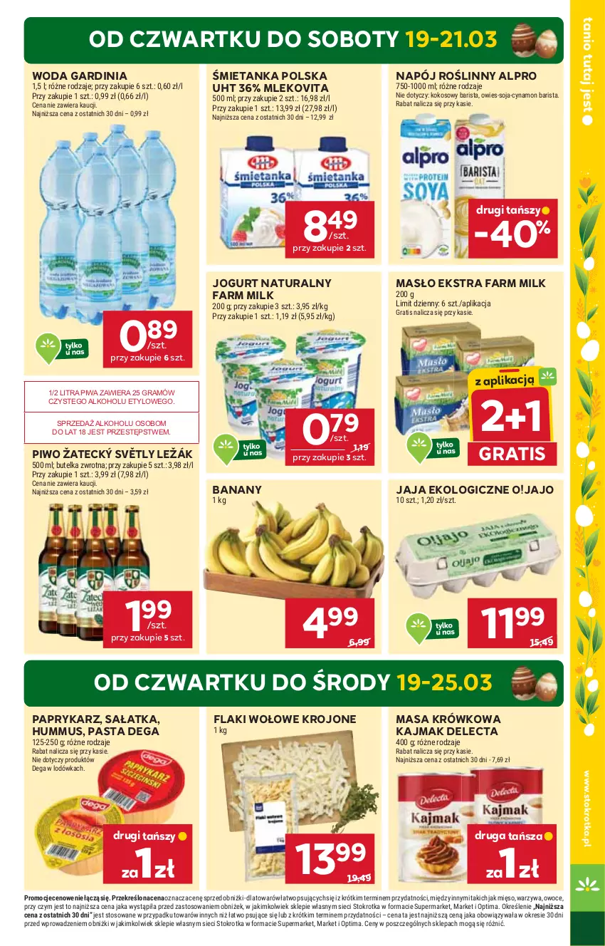 Gazetka promocyjna Stokrotka - Market - ważna 19.03 do 25.03.2026 - strona 3 - produkty: Alpro, Banany, Dega, Delecta, Fa, Farm Milk, Flaki, Flaki wołowe, Gra, Hummus, Jaja, Jogurt, Jogurt naturalny, Kokos, Lodówka, Masa krówkowa, Masło, Mięso, Mleko, Mlekovita, Mus, Napój, Napój roślinny, Optima, Owoce, Papryka, Paprykarz, Piwa, Piwo, Sałat, Sałatka, Warzywa, Woda