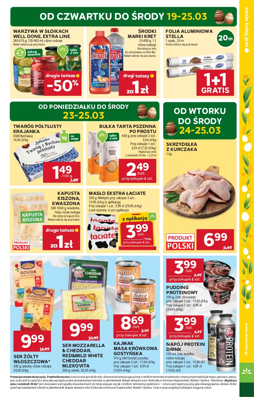 Gazetka promocyjna Stokrotka - Market - ważna 19.03 do 25.03.2026 - strona 5 - produkty: Bułka, Bułka tarta, Cheddar, Folia aluminiowa, Gra, Kret, Kurczak, Masa krówkowa, Masło, Mięso, Mleko, Mlekovita, Mozzarella, Napój, Optima, Owoce, Pudding, Ser, Skrzydełka z kurczaka, Tarta, Twaróg, Twaróg półtłusty, Warzywa, Zott