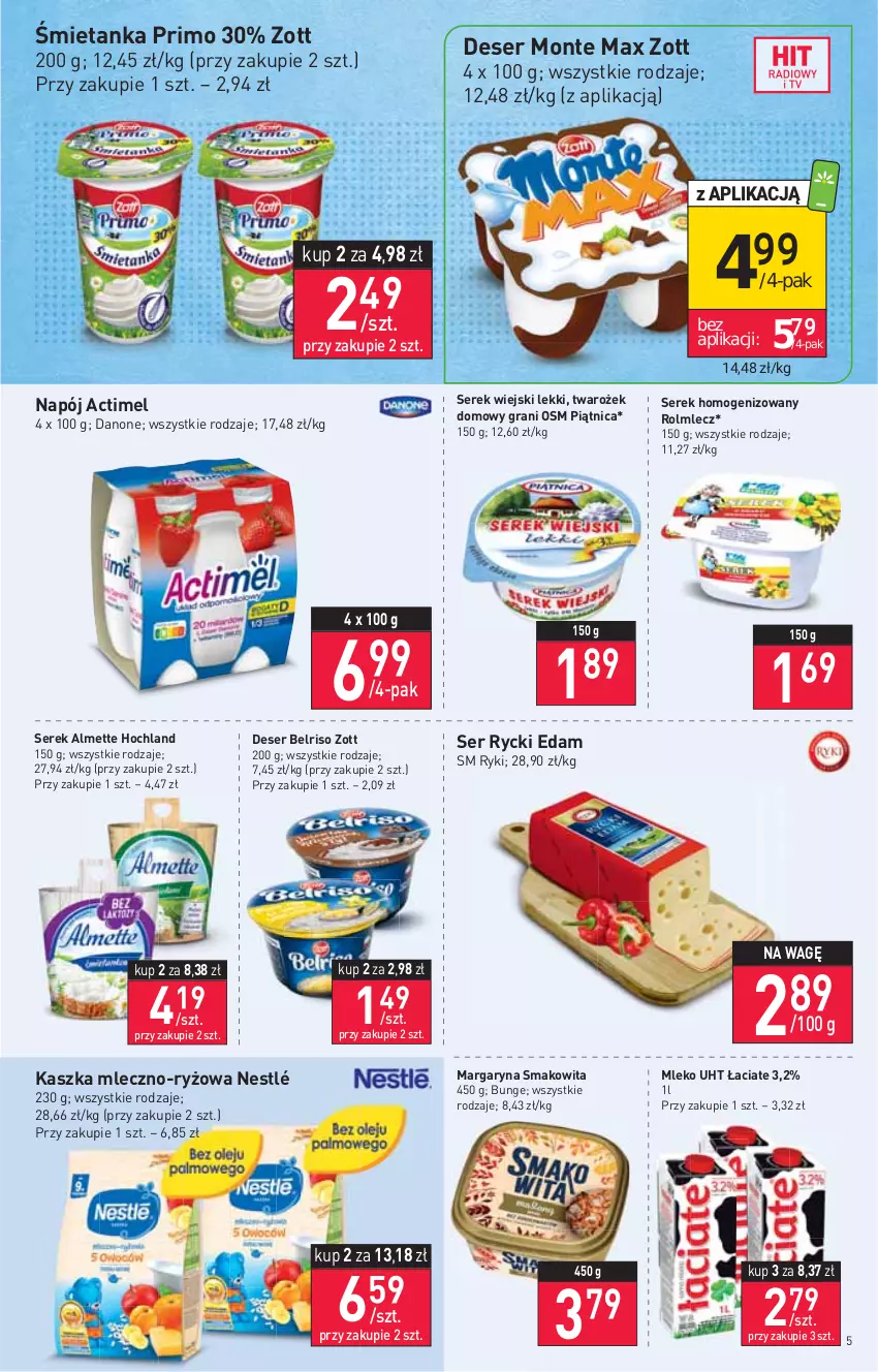 Gazetka promocyjna Stokrotka - Market - ważna 17.03 do 23.03.2022 - strona 5 - produkty: Actimel, Almette, Belriso, Danone, Deser, Edam, Gra, Hochland, Margaryna, Mleko, Monte, Napój, Nestlé, Piątnica, Rolmlecz, Rycki Edam, Ryż, Ser, Serek, Serek homogenizowany, Serek wiejski, Smakowita, Zott