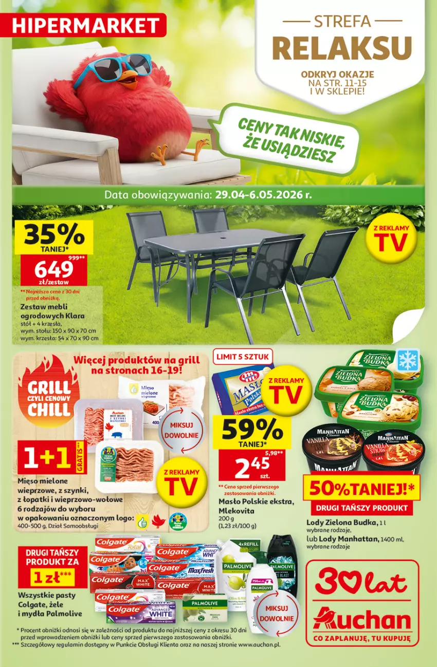 Gazetka promocyjna Auchan - 30 Lat Hipermarket - ważna 29.04 do 06.05.2026 - strona 1 - produkty: Colgate, Fa, Grill, LG, Lody, Masło, Mięso, Mięso mielone, Mleko, Mlekovita, Palmolive, Stół
