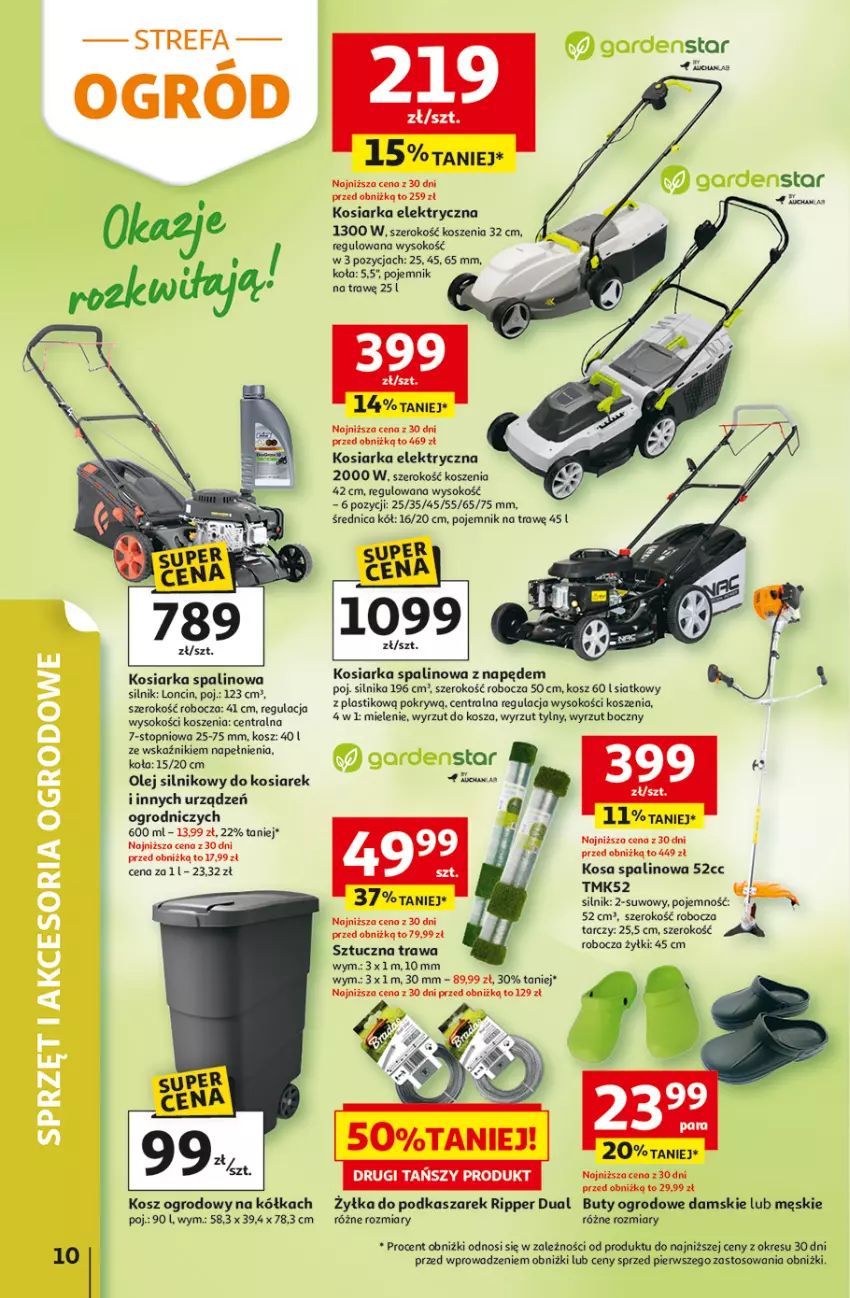 Gazetka promocyjna Auchan - 30 Lat Hipermarket - ważna 29.04 do 06.05.2026 - strona 10 - produkty: Buty, Buty ogrodowe, Fa, Kasza, Kosiarka, Kosiarka spalinowa z napędem, Kosz, Ogród, Olej, Olej silnikowy, Pojemnik, Sok, Top