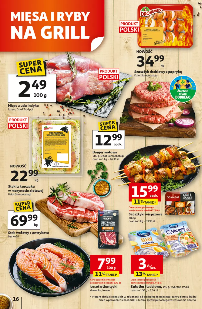 Gazetka promocyjna Auchan - 30 Lat Hipermarket - ważna 29.04 do 06.05.2026 - strona 16 - produkty: Burger, Fa, Kurczak, Mięso, Sałat, Sałatka, Stek, Stek wołowy