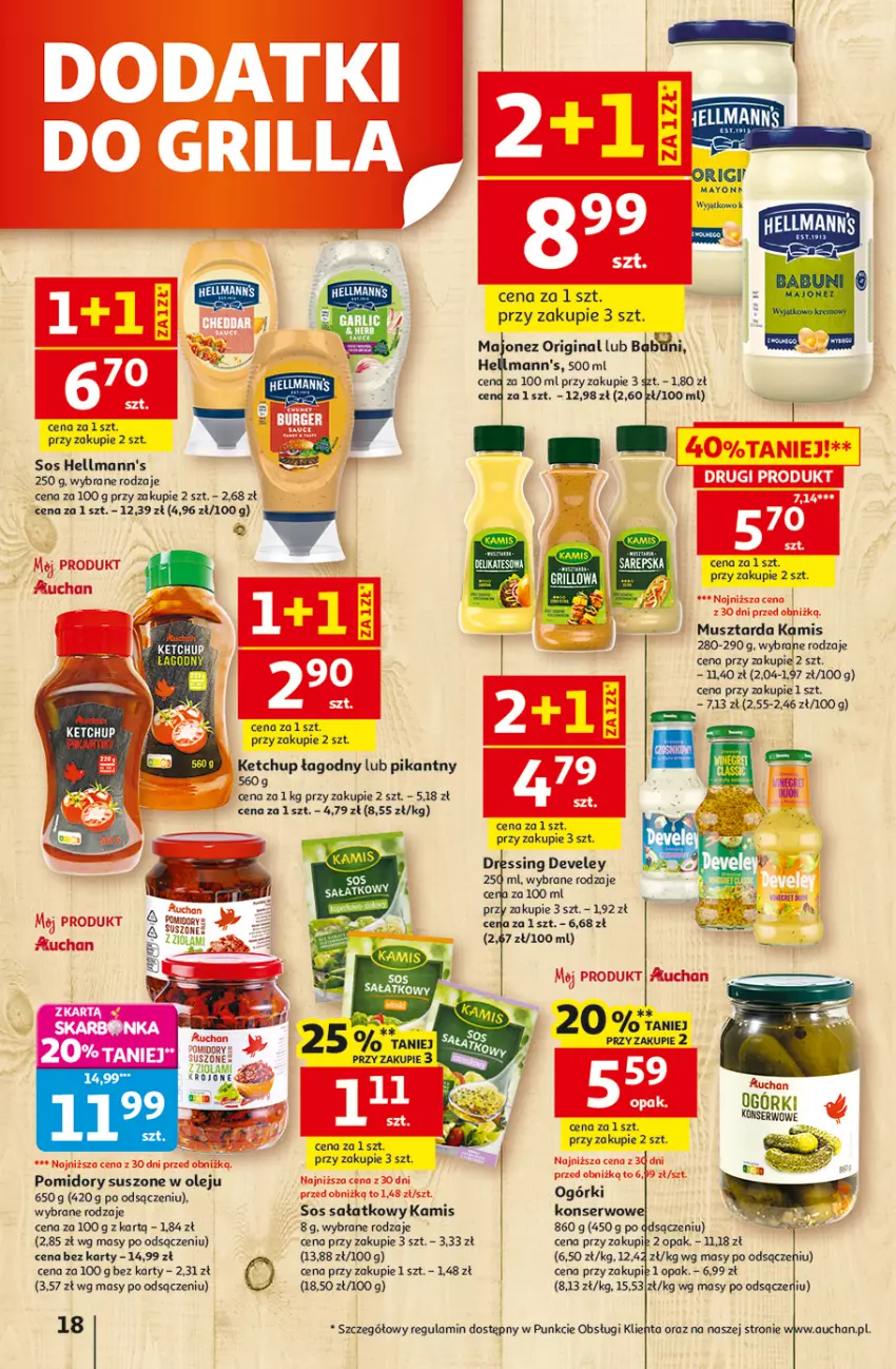 Gazetka promocyjna Auchan - 30 Lat Hipermarket - ważna 29.04 do 06.05.2026 - strona 18 - produkty: Dres, Gin, Kamis, Ketchup, Majonez, Mus, Musztarda, Olej, Pomidory, Sałat, Ser, Sos