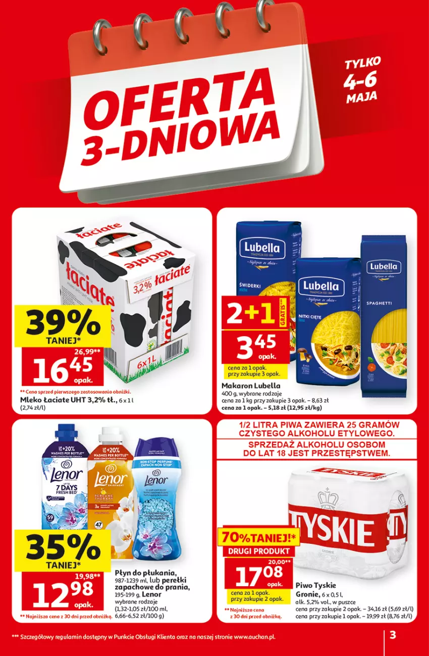 Gazetka promocyjna Auchan - 30 Lat Hipermarket - ważna 29.04 do 06.05.2026 - strona 3 - produkty: 7 Days, Bell, Bella, Lenor, Lubella, Makaron, Mleko, Piwo, Płyn do płukania, Spaghetti, Tyskie