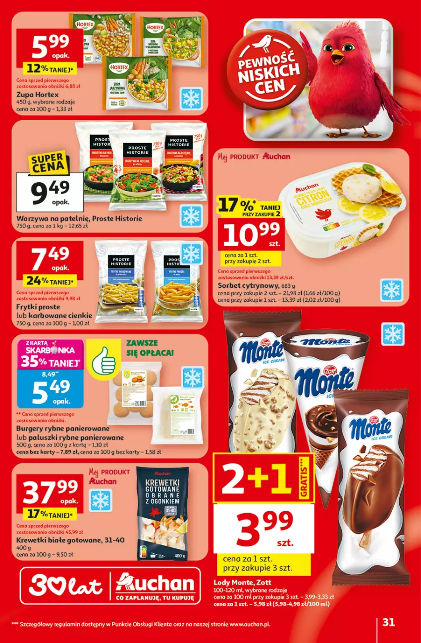 Gazetka promocyjna Auchan - 30 Lat Hipermarket - ważna 29.04 do 06.05.2026 - strona 31 - produkty: Burger, Frytki, Hortex, Krewetki, Paluszki rybne, Warzywa, Warzywa na patelnie, Zupa
