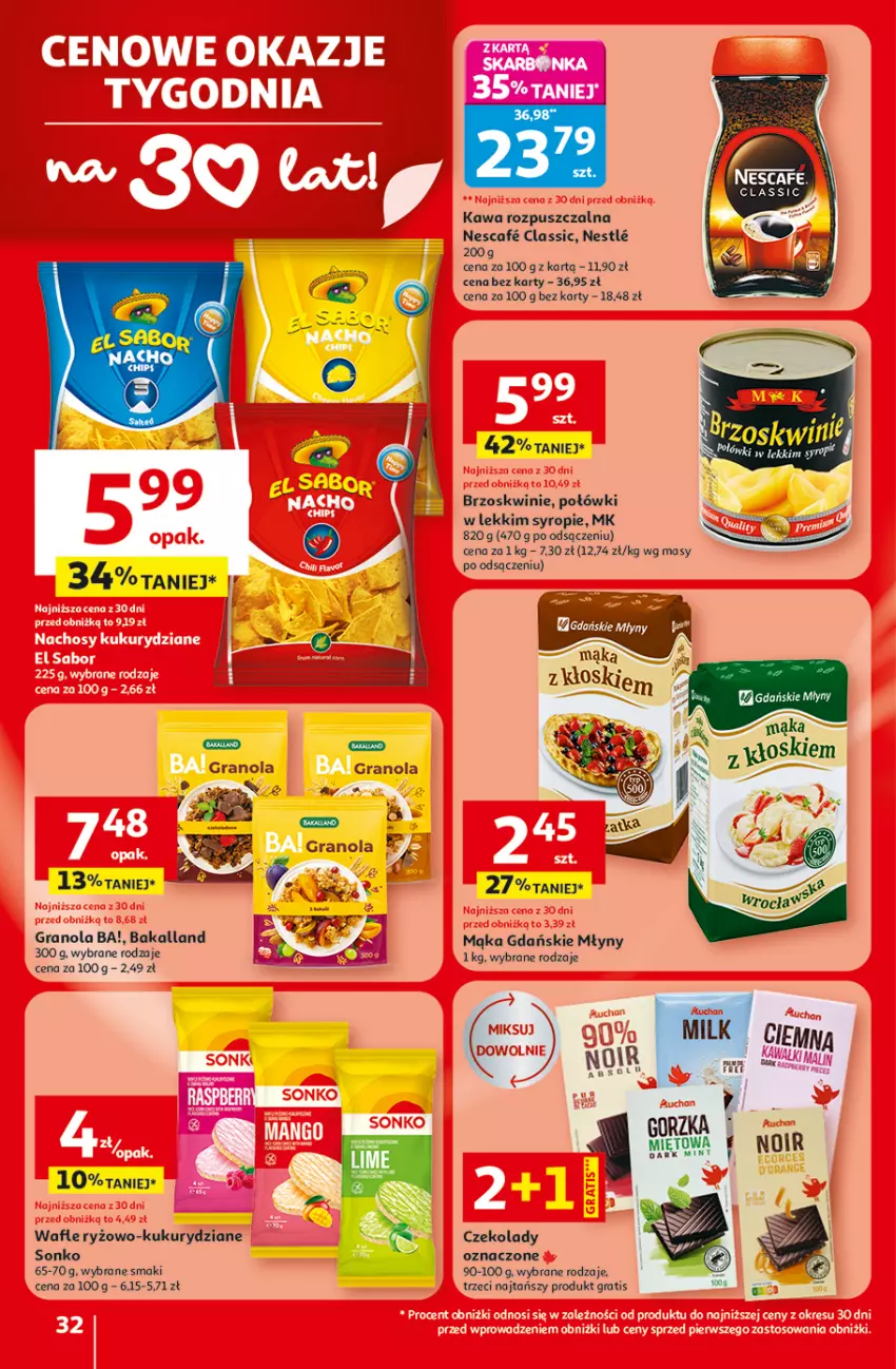 Gazetka promocyjna Auchan - 30 Lat Hipermarket - ważna 29.04 do 06.05.2026 - strona 32 - produkty: Ba!, Bakalland, Brzoskwinie, Gra, Granola, Kawa, Kawa rozpuszczalna, Mąka, Ryż, Sonko, Syrop, Wafle
